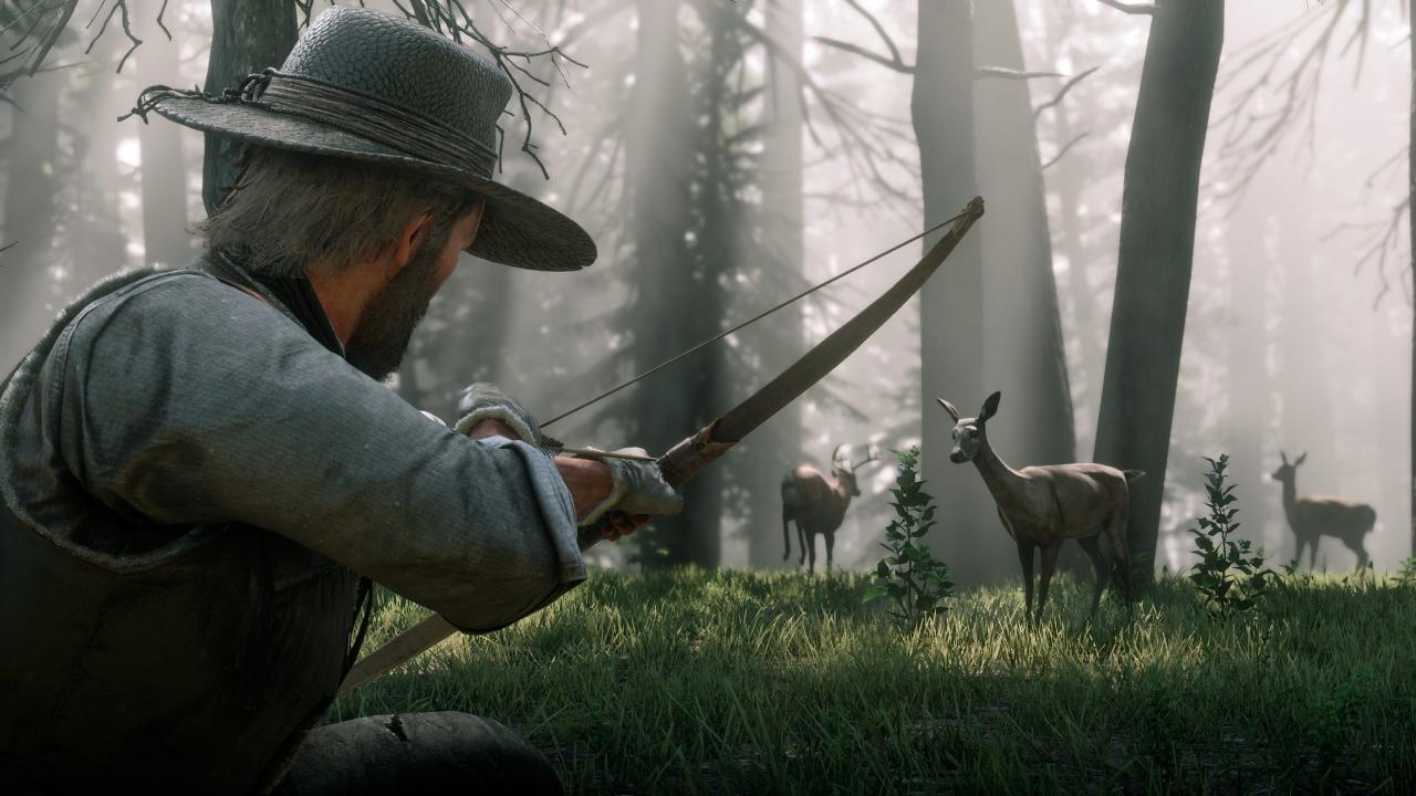 Red Dead Redemption 2-Charakter Arthur Morgan auf der Jagd.