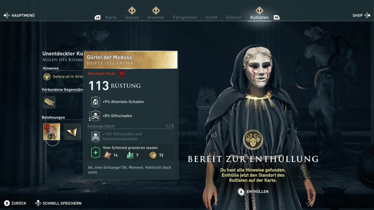 Belohnungen für das Ausschalten der Kultisten in Assassin's Creed Odyssey.
