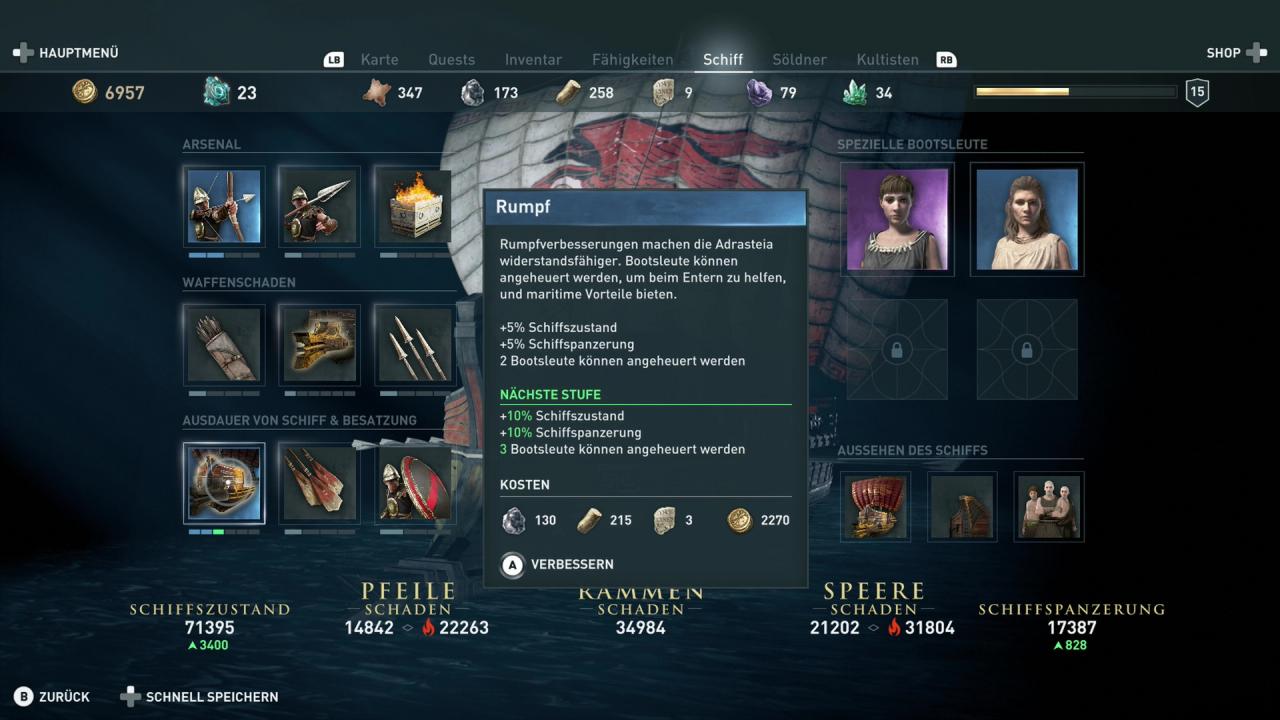 Menüpunkt des Schiffs in Assassin's Creed Odyssey zum Abschnitt Ausdauer von Schiff & Besatzung.