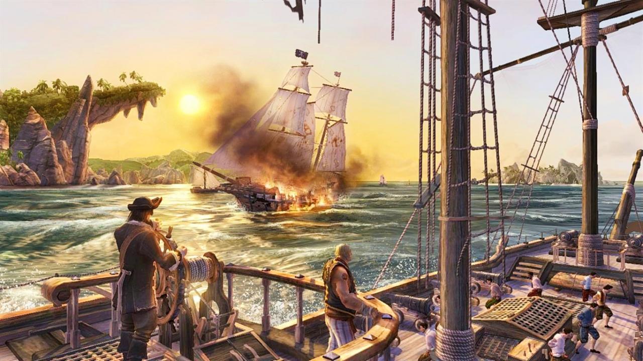 Eine Piratencrew blickt auf ein sinkendes Schiff