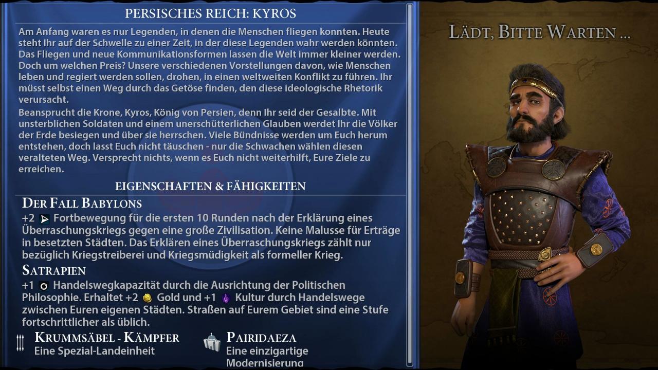 Die 24 verschiedenen historischen Anführer werden beim Spielstart gebührend vorgestellt. Jeder Herrscher und jedes Volk bietet verschiedene, einzigartige Boni, Einheiten und/oder Gebäude.
