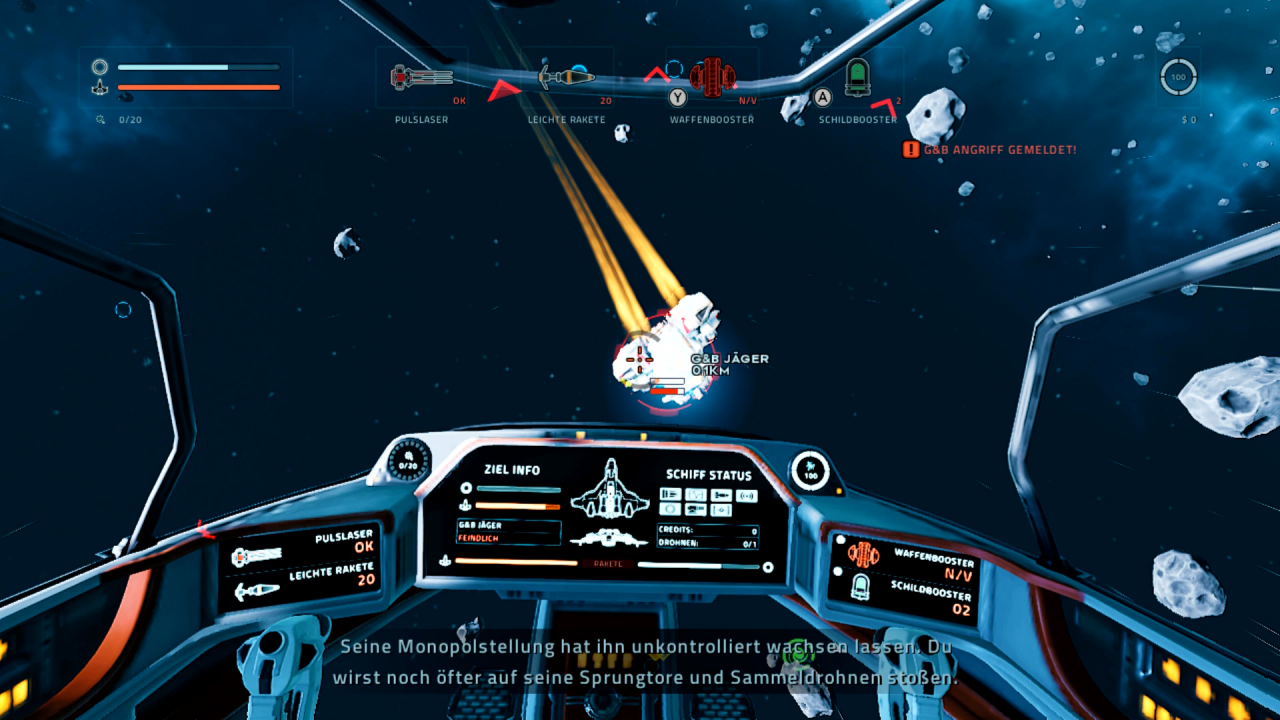 Per Betätigung des X-Buttons wechselt ihr zwischen einer Third-Person-Ansicht mit eurem Raumschiff-Cockpit im Sichtfeld und einer First-Person-Sichtweise.