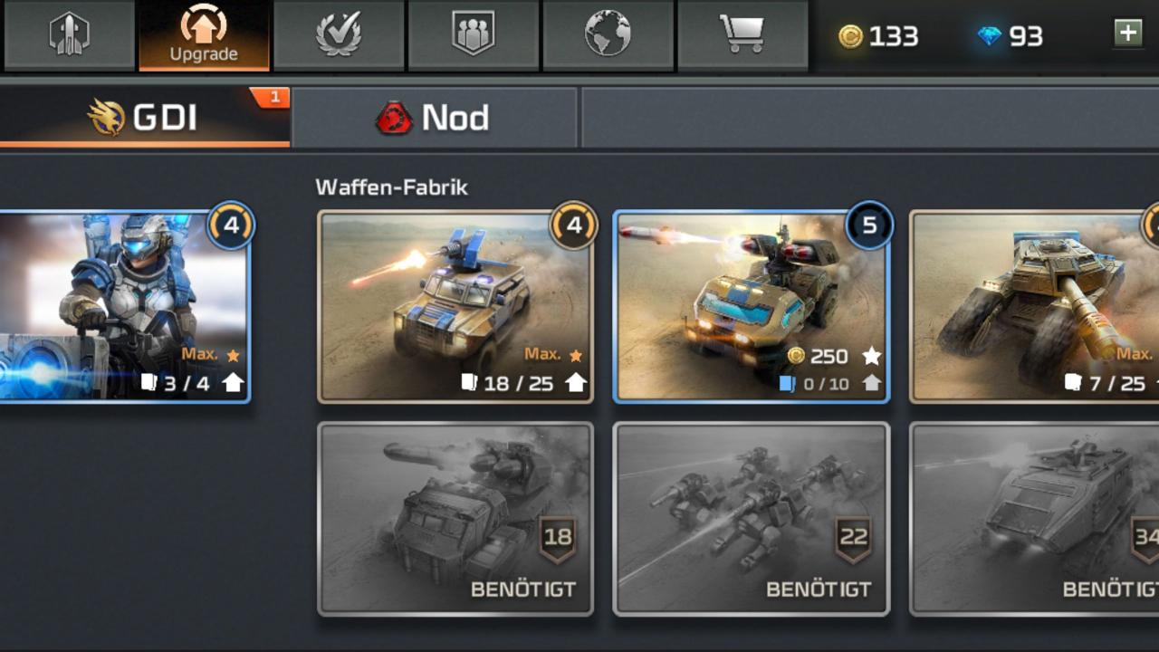 [13/12/2018] Command & Conquer: Rivals - Der Upgrade-Bildschirm dient zum Aufwerten eurer Einheiten und eures Commanders. Dafür benötigt ihr Spielgeld und Upgrade-Karten. Beides findet ihr in Versorgungskisten.