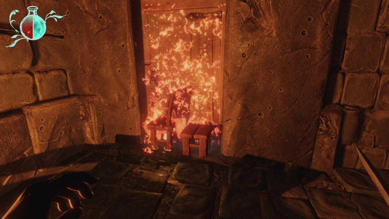 [06/12/2018] Holz kann Feuer fangen. Um die Tür zu knacken, stellen wir einen brennenden Stuhl daneben, die Physikengine erledigt den Rest.&nbsp;