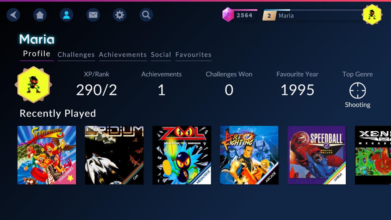 [15/01/2019] Antstream: Euer Spielerprofil bietet eine Übersicht über euren XP-Rang, bisherige Achievements, gewonnene Challenges. Das Lieblingsspielejahr und -Genre ist variable und kommt durch die von euch gespielten und favovirisierten Titel zustande.