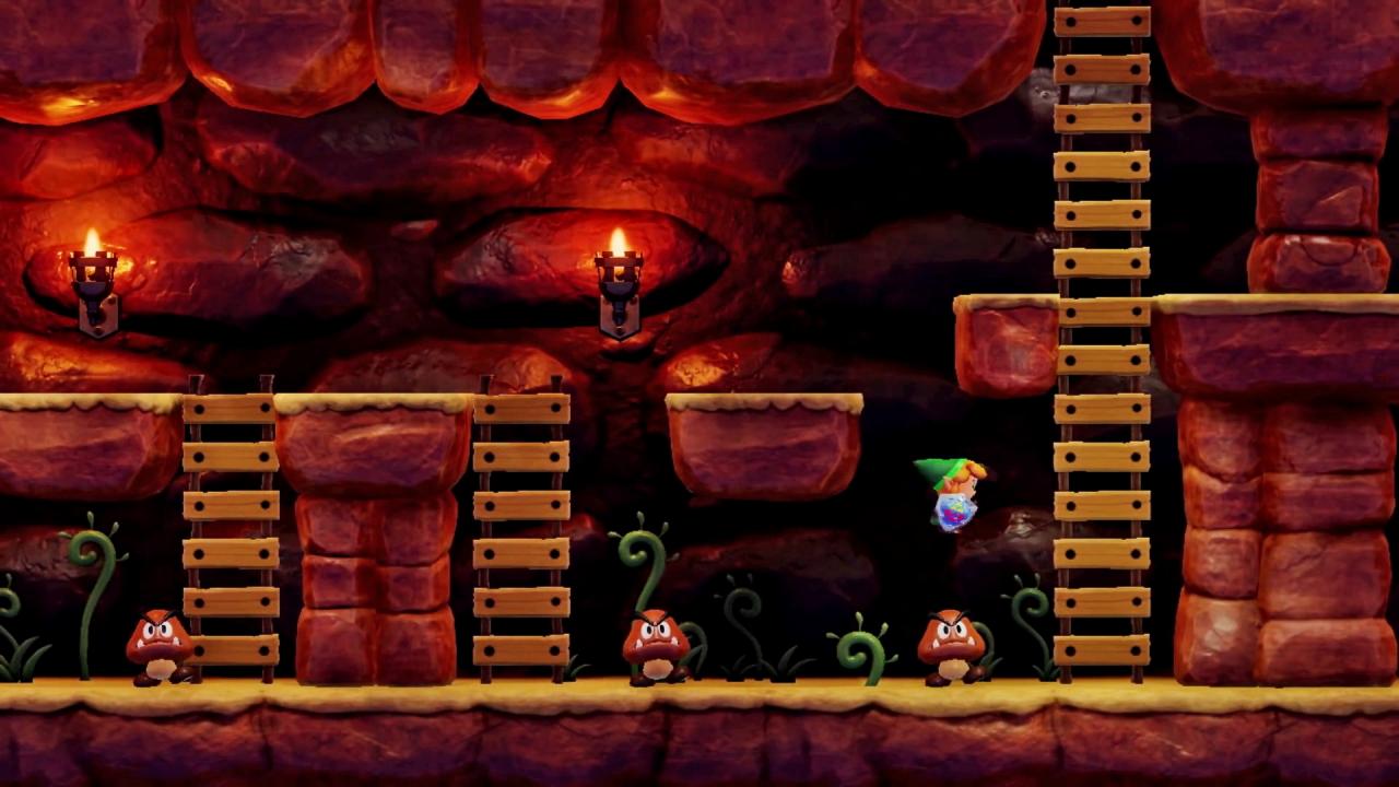 Mehr noch als jedes andere Zelda-Abenteuer implementiert Link&rsquo;s Awakening allerlei Elemente aus dem Mario-Universum, etwa Piranhapflanzen oder wie hier Gumbas.