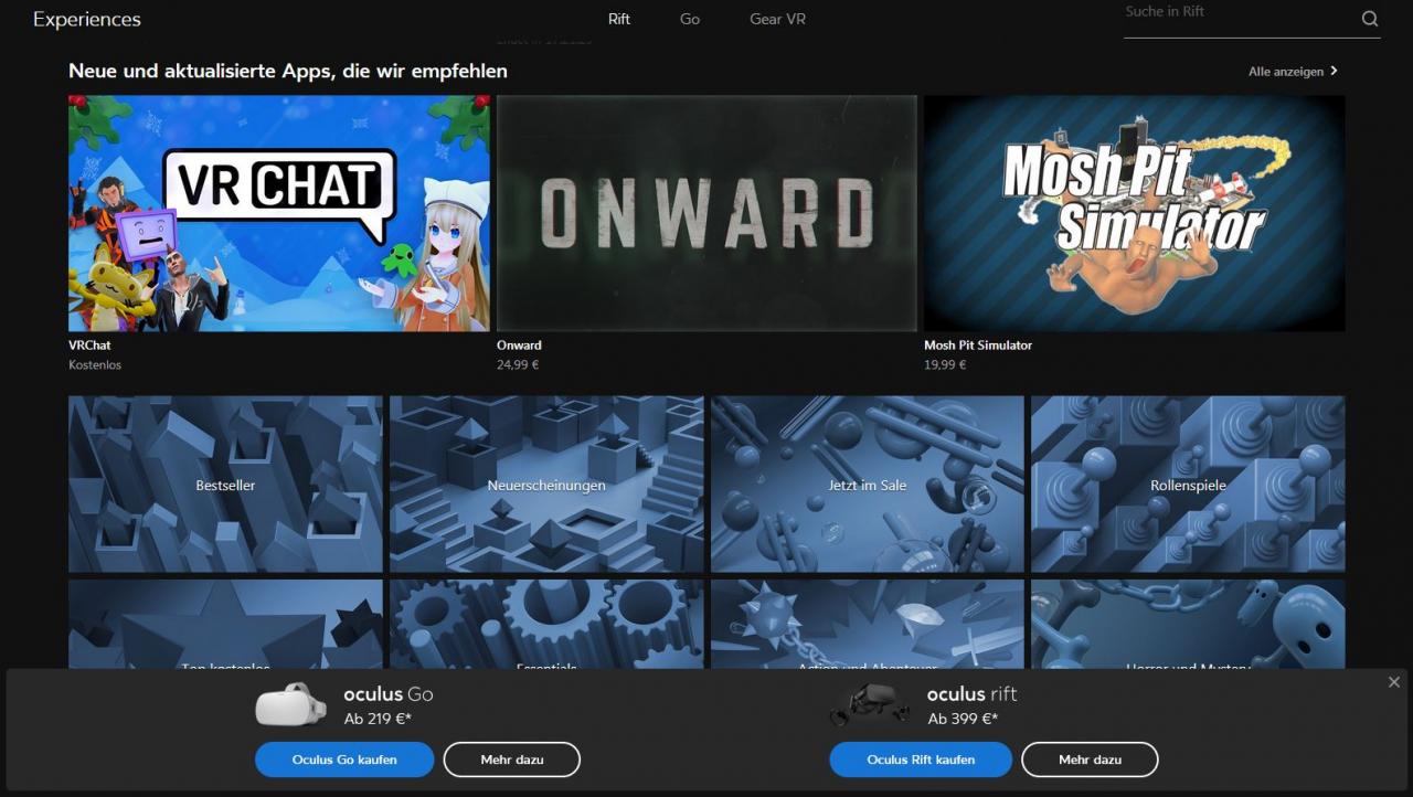 [01/02/2019] Im Oculus Store bekommt ihr Spiele für die Oculus Rift, Oculus Go und auch für die Gear VR.