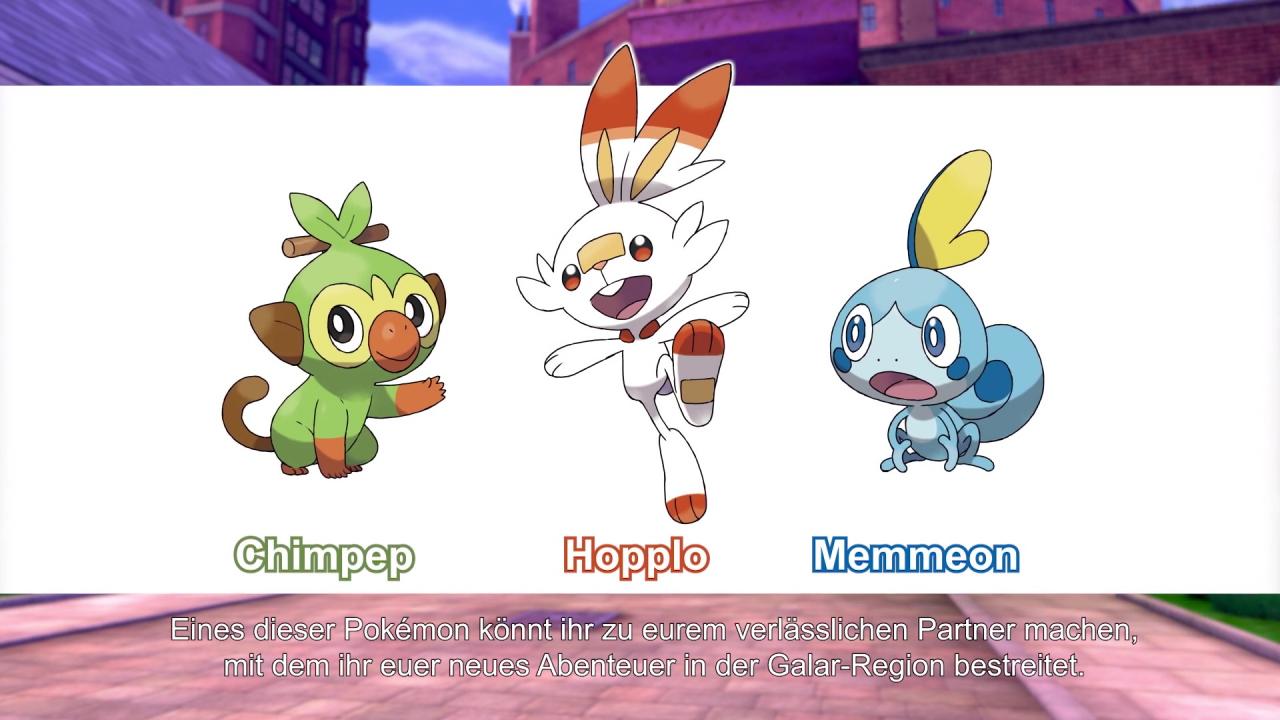 Ach in Pokémon Schwert und Pokémon Schild gibt es neue Taschenmonster, unter anderem die drei neuen Starter-Pokémon der Typen Pflanze, Feuer und Wasser.
