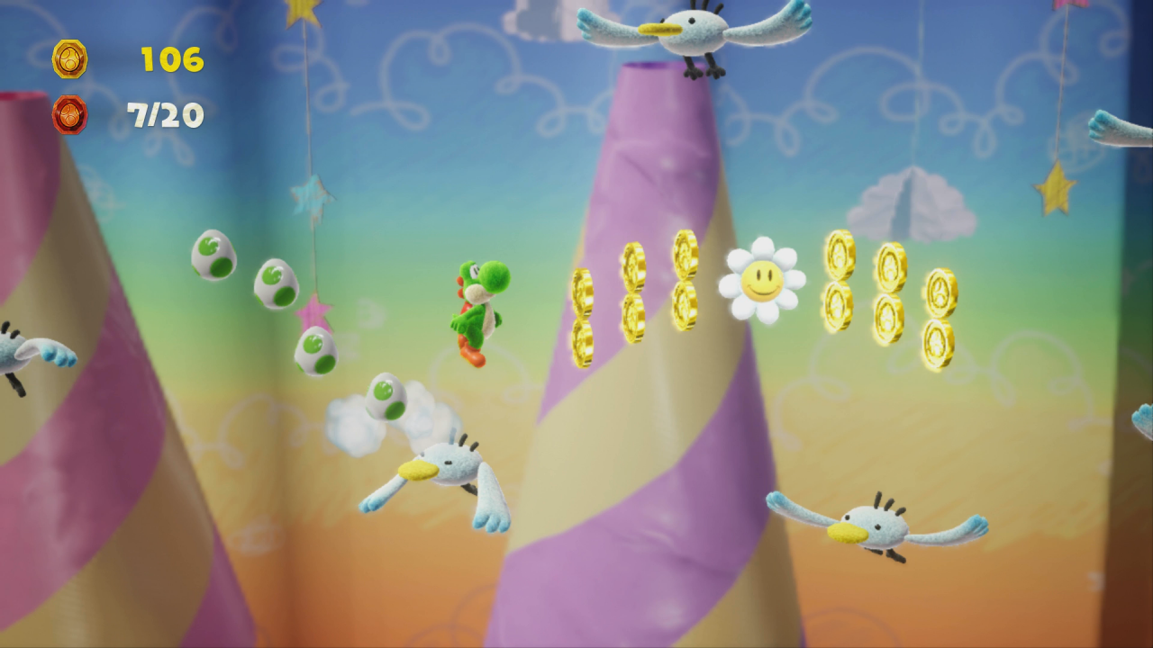 [28/03/2019] Yoshi's Crafted World: Welt 9 - Level 3: Windwärtsweg: Nach dem Checkpoint müsst ihr über die untere Reihe der Möwen hüpfen, um die zweite Blume zu erwischen.