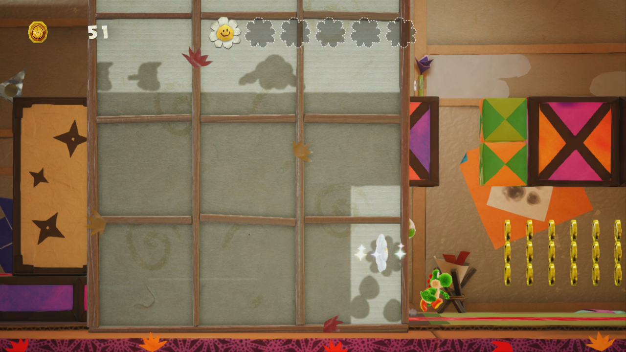 [28/03/2019] Yoshi's Crafted World: Welt 11 - Level 2: Hinter dem Shoji: Mittels Stampfattacke durch die Kisten gelangt ihr zur zweiten Blume.