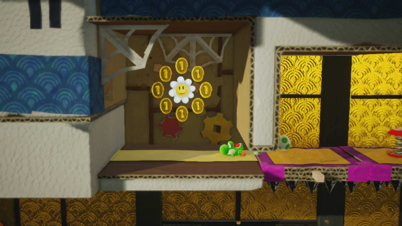 [28/03/2019] Yoshi's Crafted World: Welt 11 - Level 3: Herr von Samurais Schloss: Die ersten drehbaren Stacheplattformen in diesem Level führen euch zur dritten Blume.