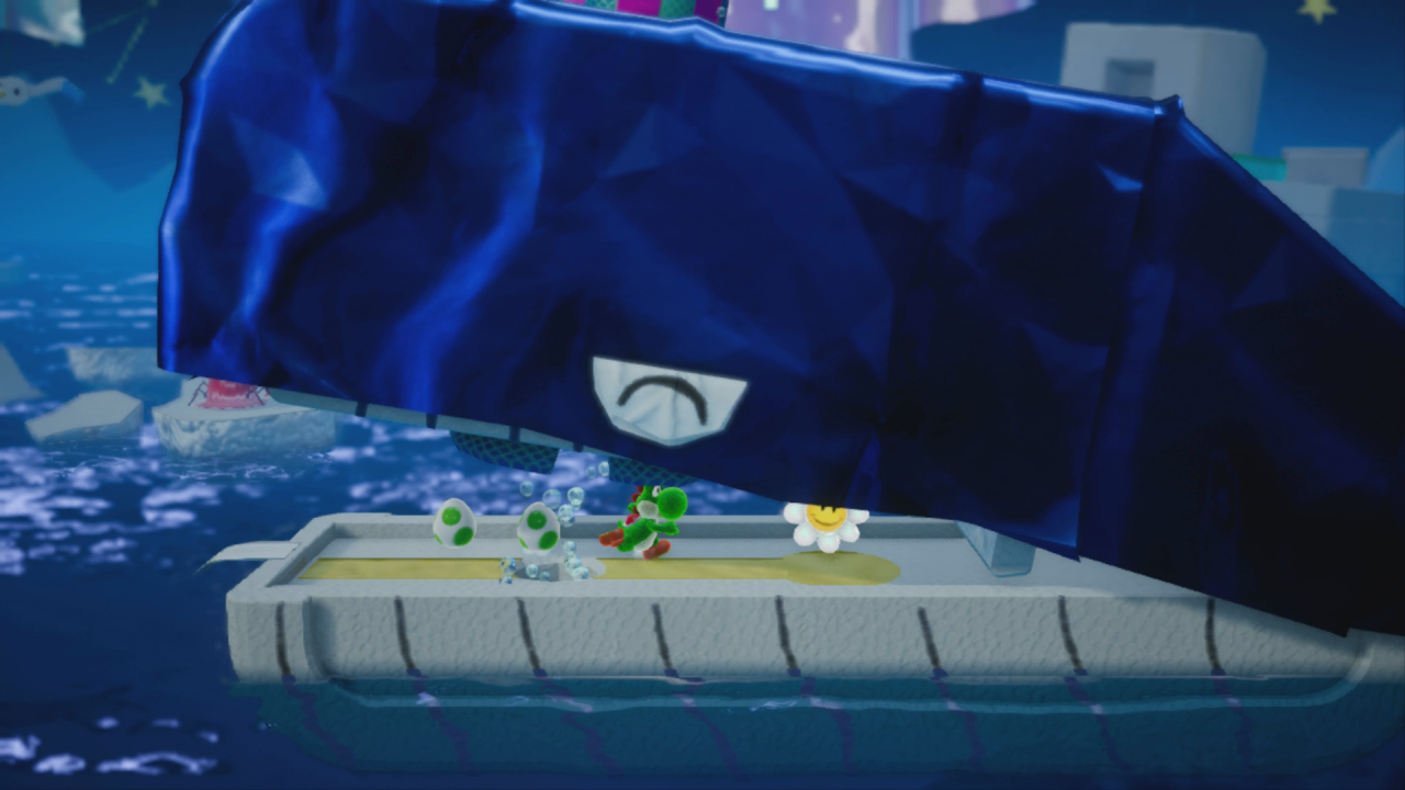 [28/03/2019] Yoshi's Crafted World: Welt 7 - Level 2: Schlitterparty-Insel: Am Ende eurer Fahrt mit dem Kugel trefft ihr auf einen Wal, der die dritte Blume in sich versteckt hält.