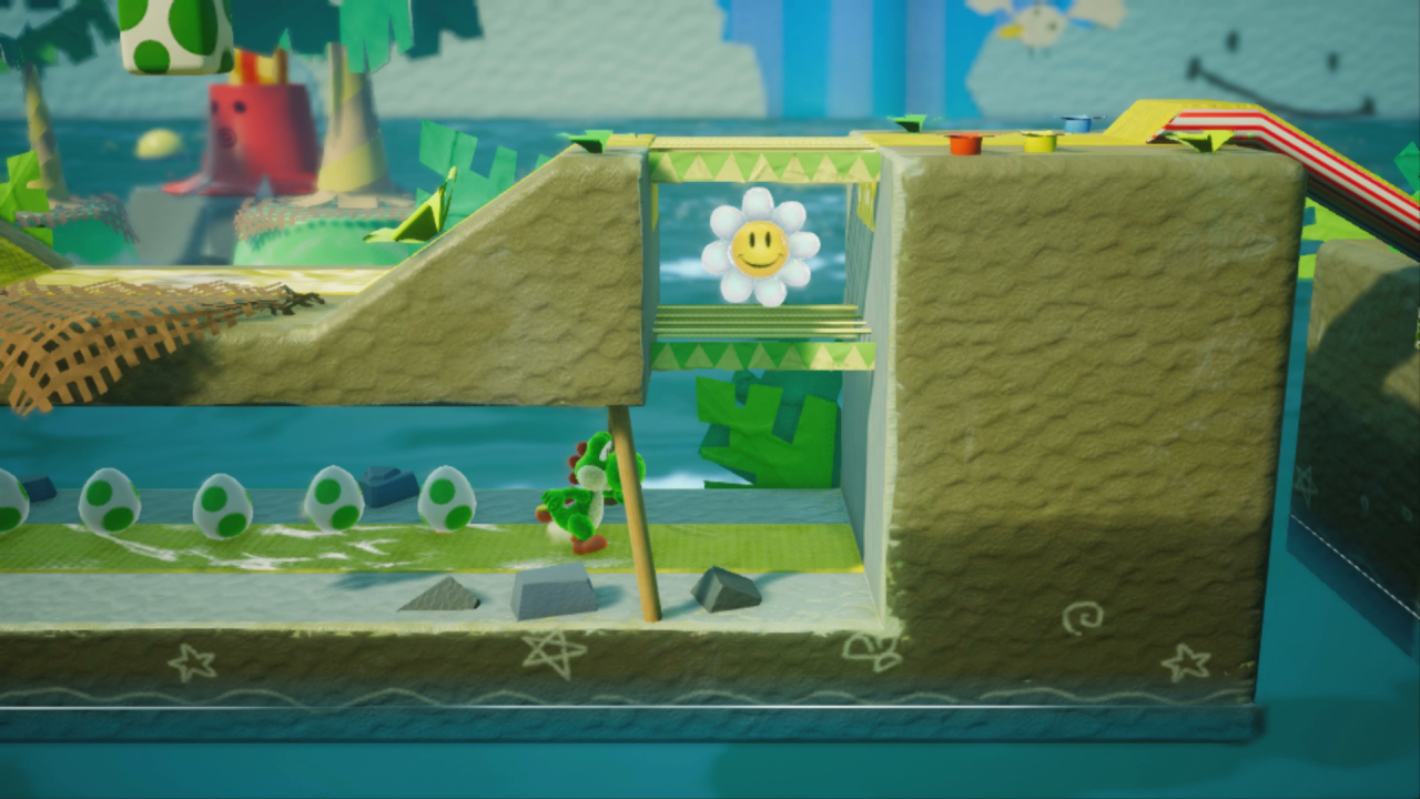 [28/03/2019] Yoshi's Crafted World: Welt 7 - Level 1: Bomben Ahoi: Am Ende dieses Gangs findet ihr die Blume Nummer 6.