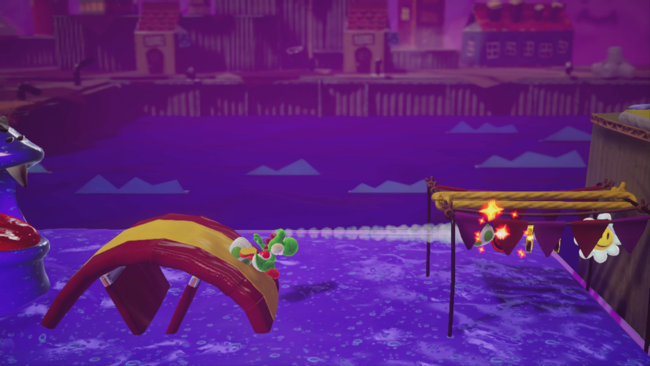 [28/03/2019] Yoshi's Crafted World: Welt 1 - Level 2: Piratenpier: Um die sechste Blume zu erwischen, ist gutes Timing beim Eierschuss gefragt, damit ihr nicht in das Gift-Wasser fallt.