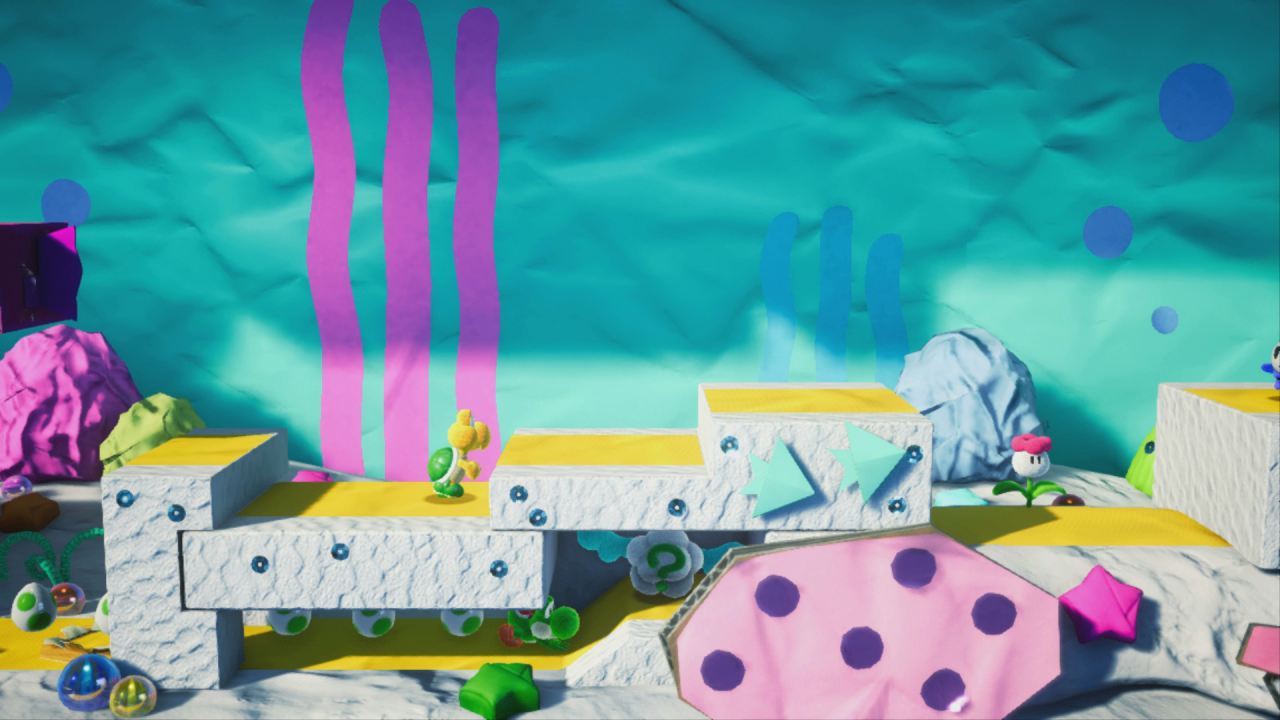 [28/03/2019] Yoshi's Crafted World: Welt 1 - Level 1: Vielfisch Aquarium: Rote Münzen befinden sich versteckt in der Fragezeichen-Wolke in einem engen Gang. Dort müsst ihr kriechen.