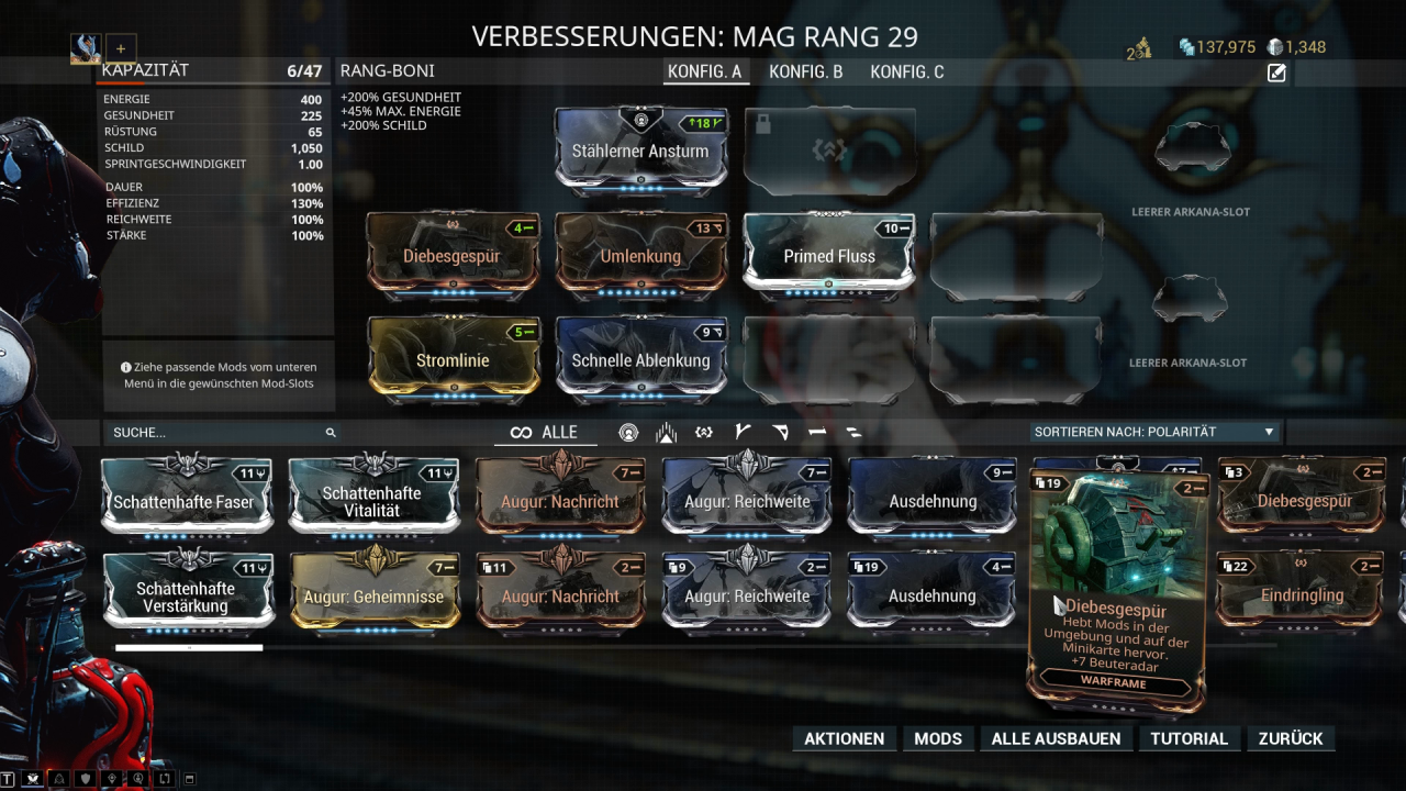 [06/03/2019] Die schiere Masse an verschiedensten Spielelementen wirkt vor allem zu Beginn des Spiels recht unübersichtlich. Über dieses Menü modifizieren wir etwa die Fähigkeiten unseres Warframes.
