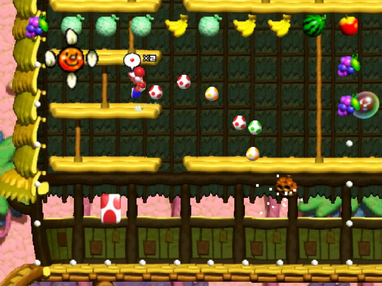 Die Spielwelt von Yoshi’s Story ist, das ist sehr typisch für die Spielserie, sehr abwechslungsreich und bietet allerlei unterschiedliche Gegenden und Gebiete.