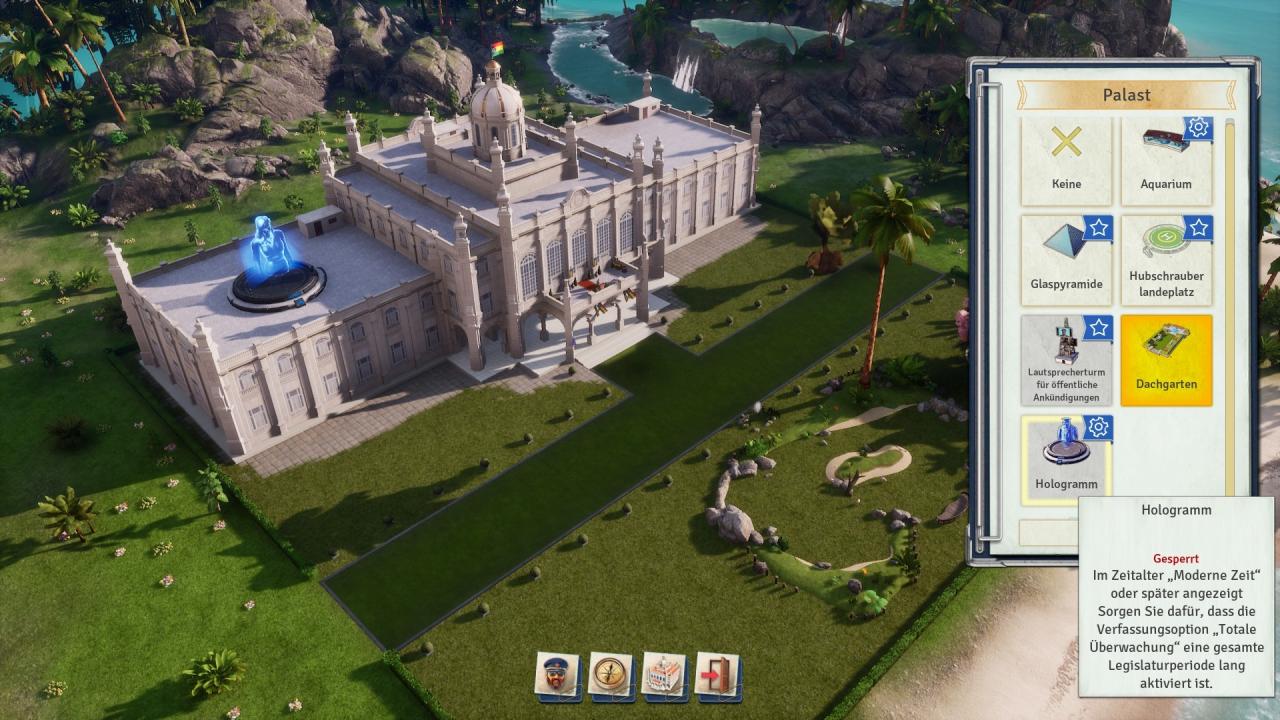 [29/03/2019] Hauptsache stilvoll: Der Palast von El Prez lässt sich im Spielverlauf vielfältig anpassen. Wie wäre es zum Beispiel mit einem Aquarium, einem Dachgarten oder einem Diktatoren-Hologramm?