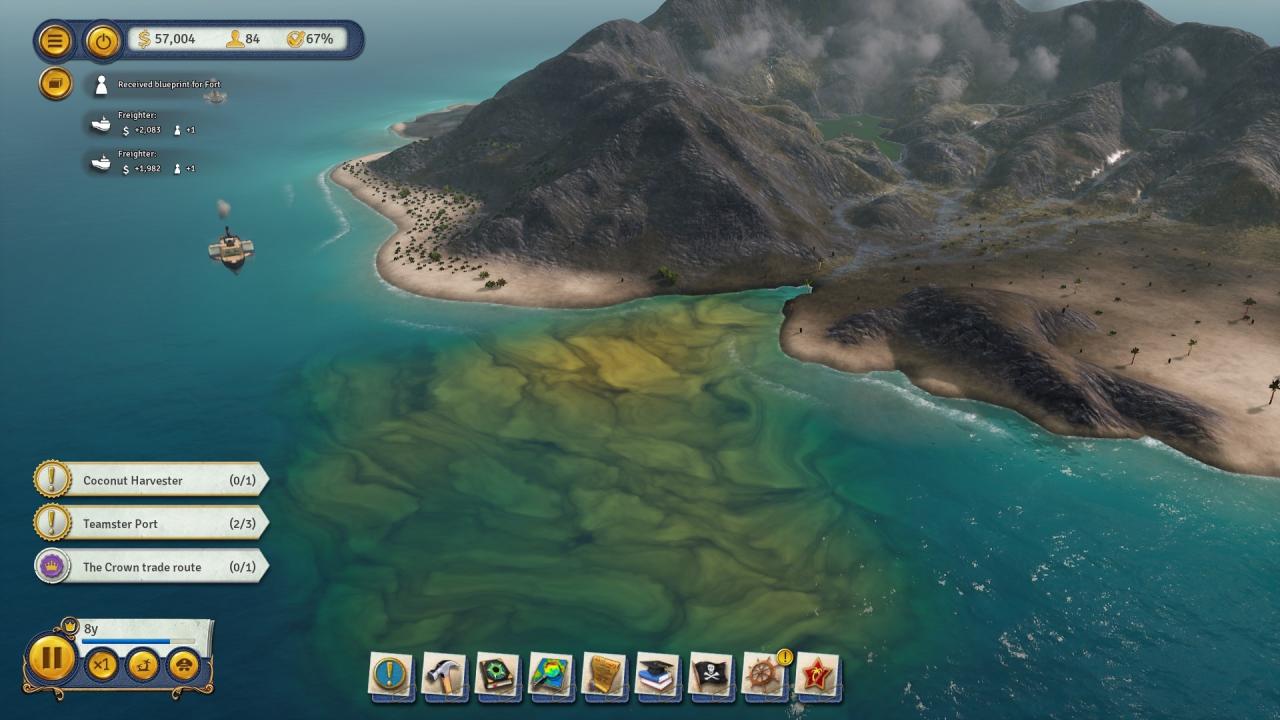 [29/03/2019] Optisch macht Tropico 6 einiges her. Achtet zum Beispiel mal auf den Dampf hinten im Vulkangebirge, die Brandung an der Küste oder die abgekühlten Lava-Sedimente vor der Insel.