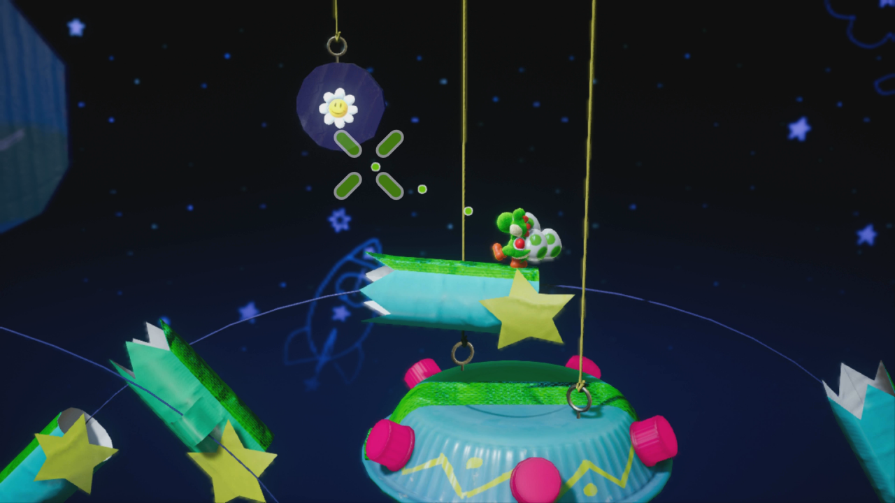 [02/04/2019] Yoshi's Crafted World: Welt 13 - Level 2: Ritt auf den Sternen: Sobald ihr die lila Kugel abgeworfen habt, offenbart sich die erste Blume.