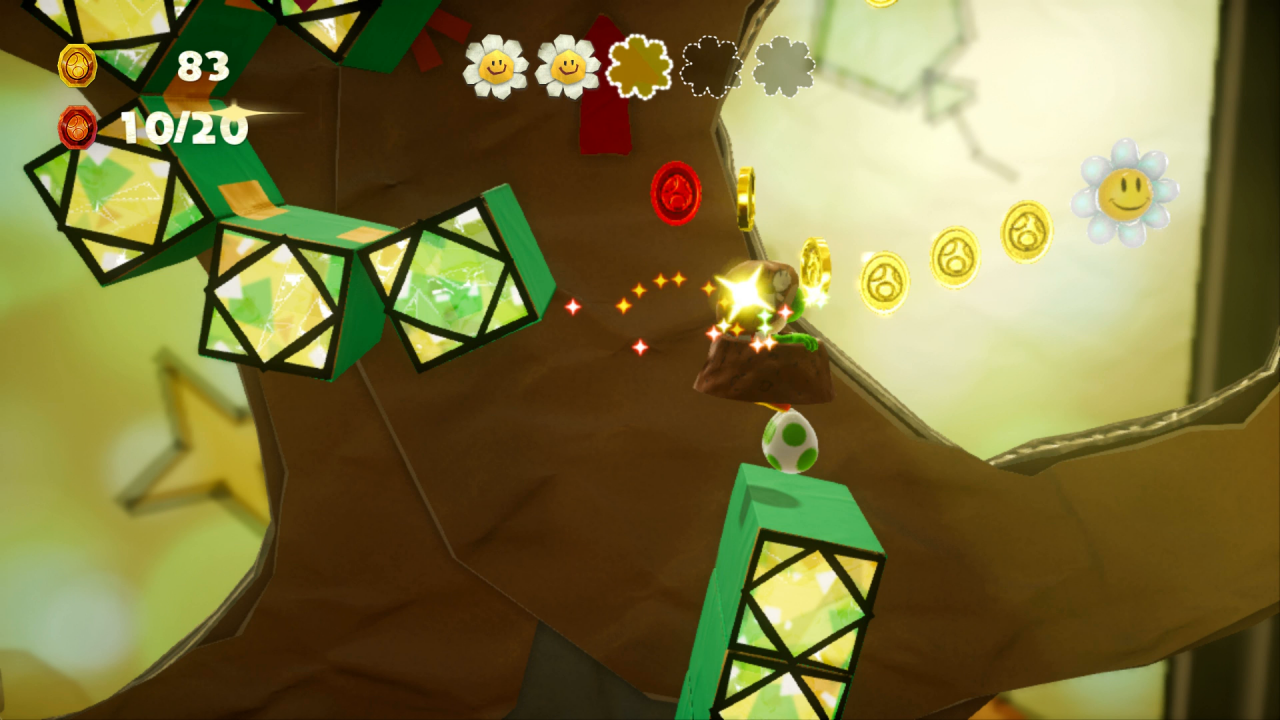 [02/04/2019] Yoshi's Crafted World: Welt 16 - Level 3: Knall auf Fall: Von den grünen Bauklötze aus könnt ihr eine Wolke abwerfen, wodurch die dritte Blume erscheint.