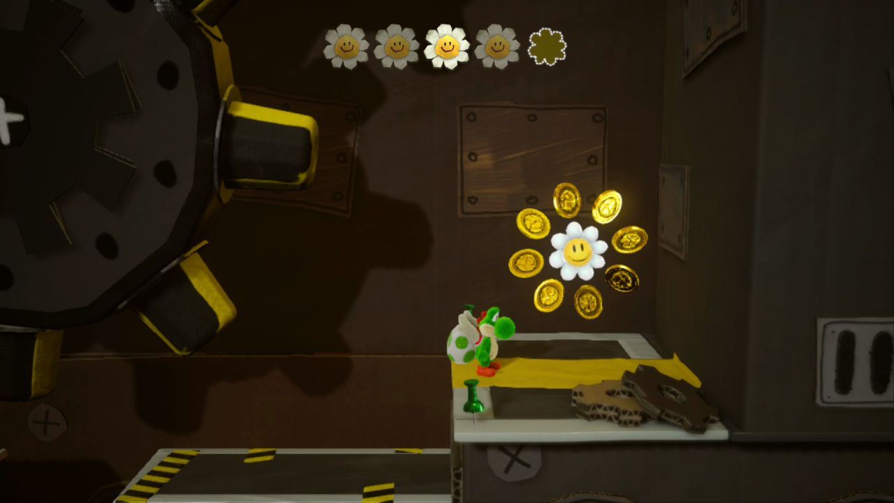 [02/04/2019] Yoshi's Crafted World: Welt 15 - Level 3: Zahnrosts Fabrik: Um an die fünfte Blume zu gelangen, müsst ihr im letzten Turm euch rechts halten, bis ihr zu dem Shy Guy kommt.
