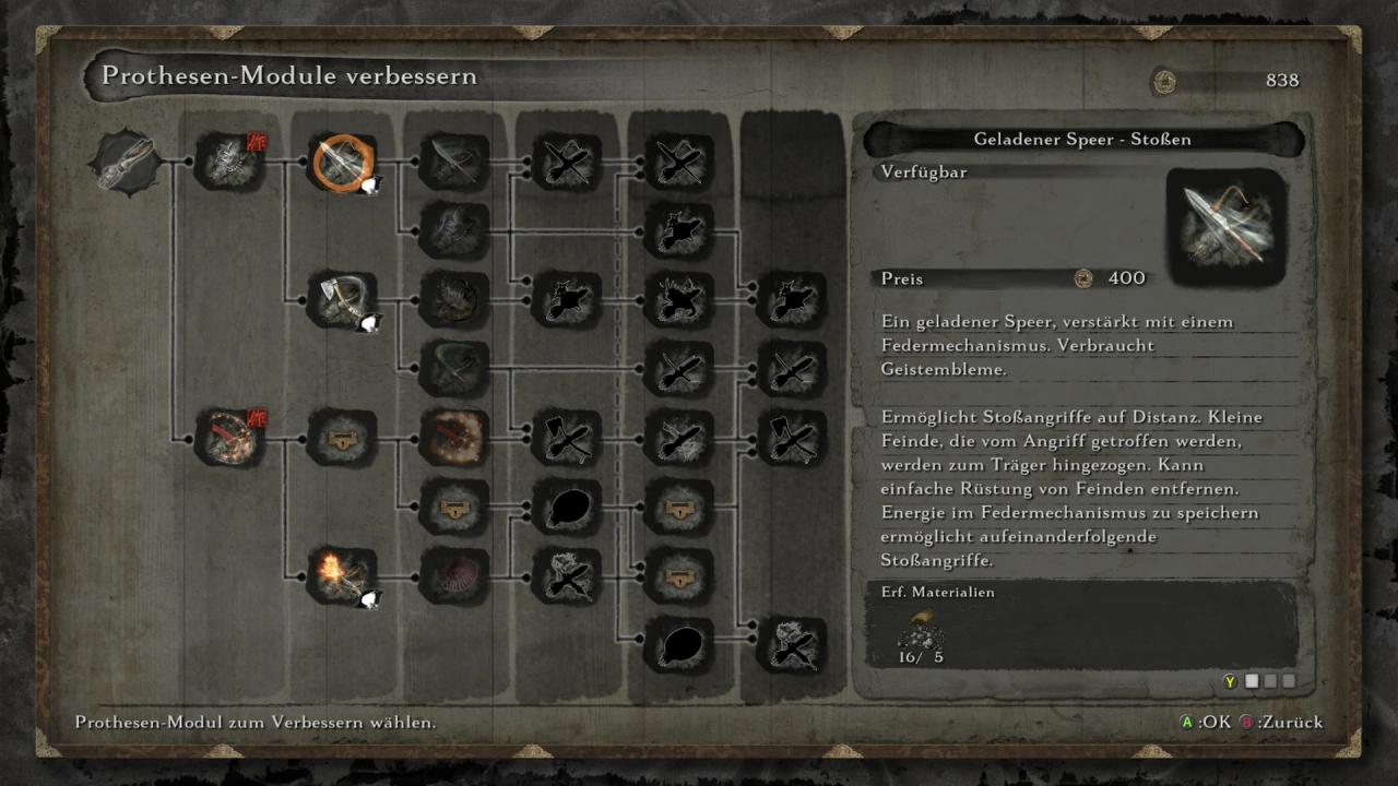 [03/04/2019] Dieser Upgrade-Baum für die Shinobi-Prothese in Sekiro: Shadows Die Twice schaltet sich erst nach dem ersten, richtigen Bosskampf frei.