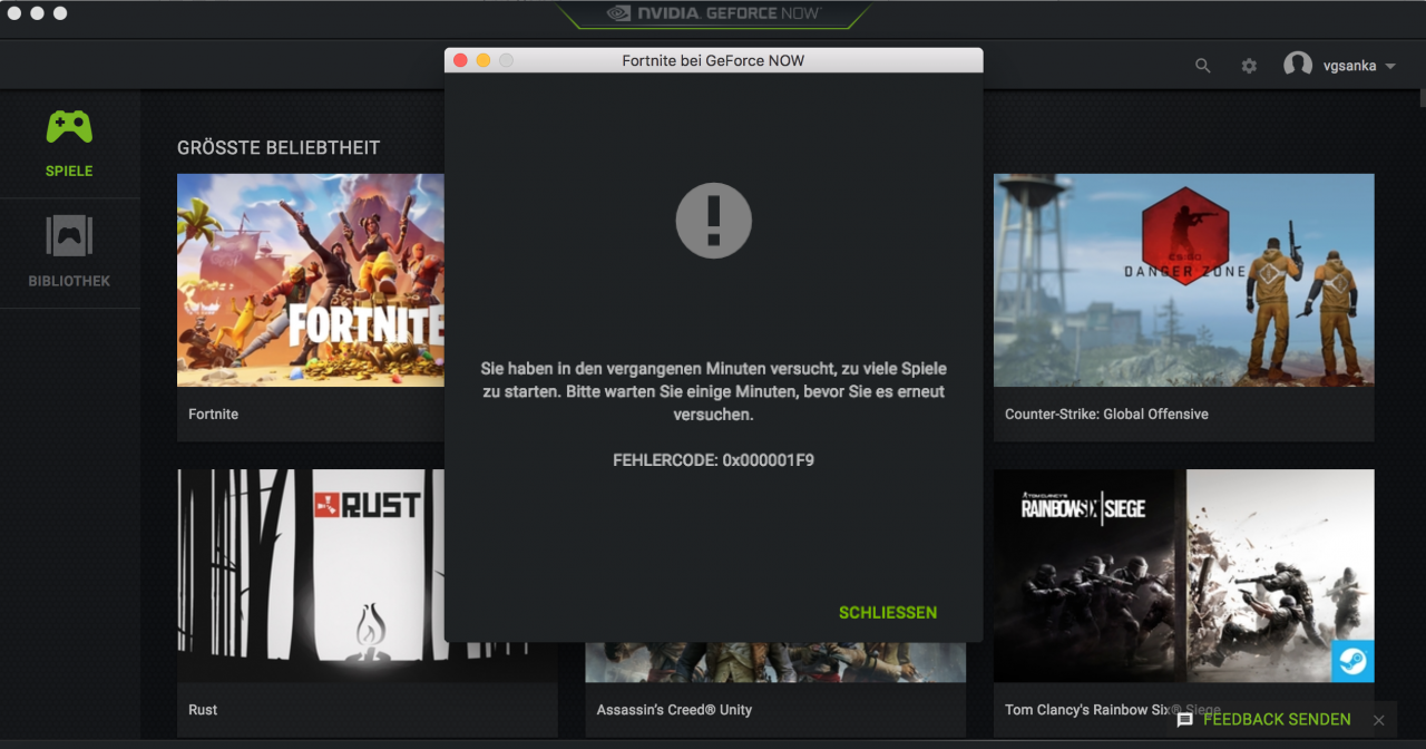[30/04/2019] Störende Wartezeiten: Startet man bei GeForce Now in kurzen Abständen zu viele Spiele hintereinander, kann es sein, dass diese Meldung erscheint.