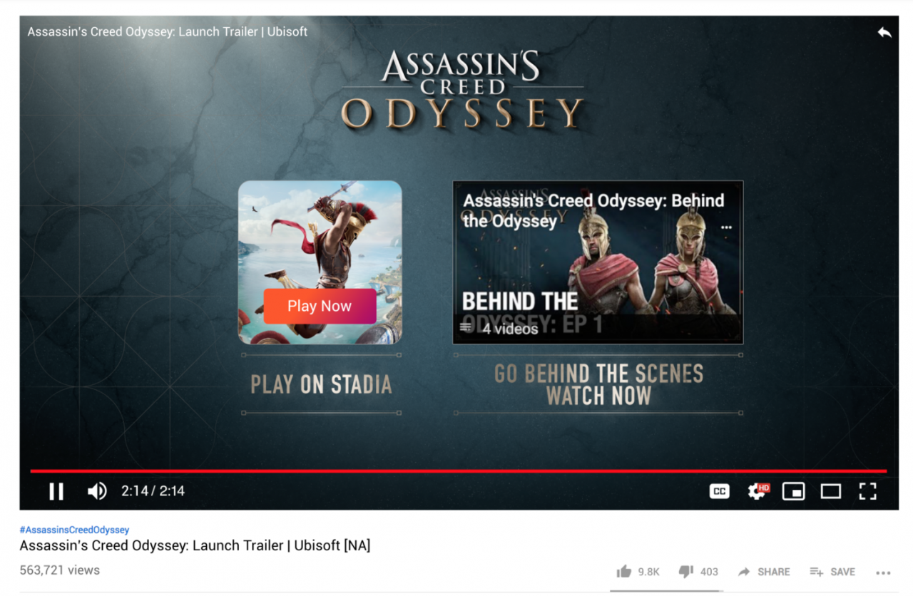 [30/04/2019] Am Beispiel von Assassin’s Creed: Odyssey wurde die enge Verknüpfung zwischen YouTube und Stadia eindrucksvoll demonstriert. Der Nutzer schaut sich ein Video an, klickt am Ende auf „Play Now“ und kann dann nach wenigen Sekunden sofort drauflosspielen.