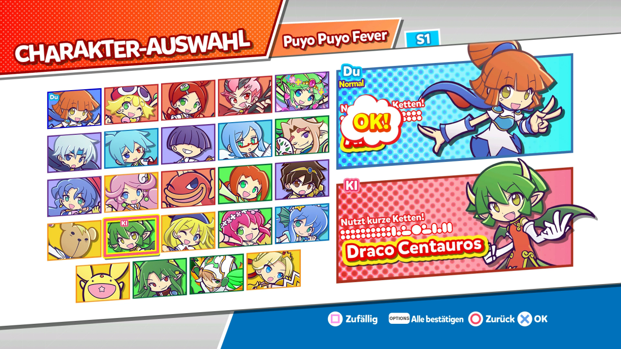 Puyo Puyo Champions bietet eine ziemlich große Auswahl unterschiedlicher Spielfiguren mit je verschiedenen Fähigkeiten.