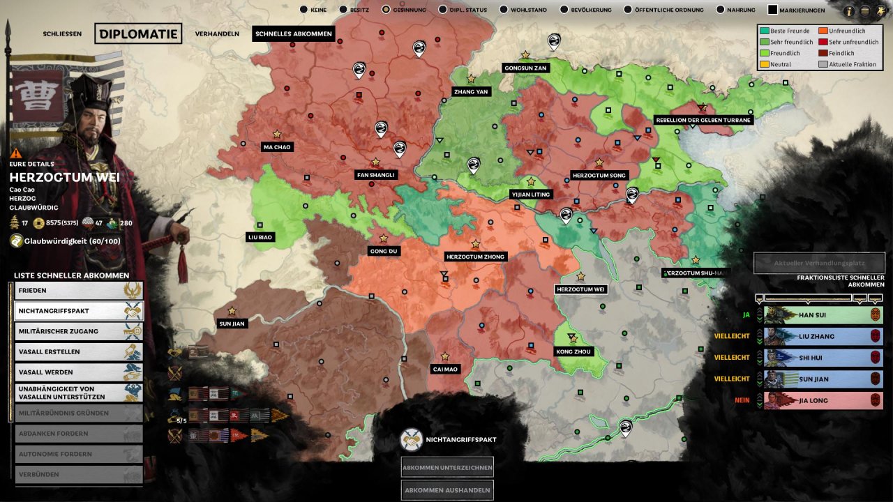 [16/05/2019] Creative Assembly hat das Diplomatie-System stark überarbeitet. Hilfreich ist nun die Option, schnelle Verträge abzuschließen.