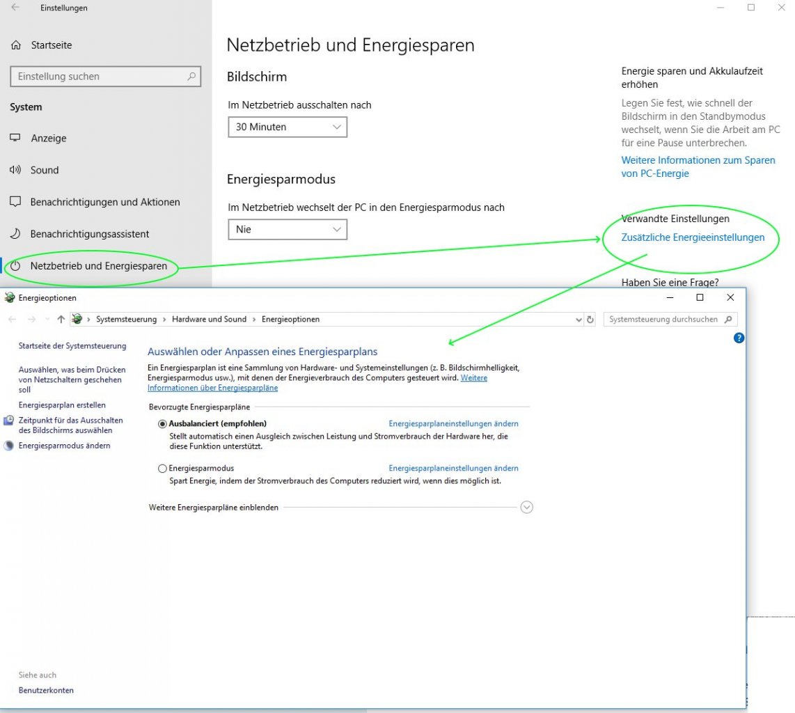 [21/06/2019] Energieoptionen bei Windows 10 - weitere Optionen gibt es im Gerätemanager