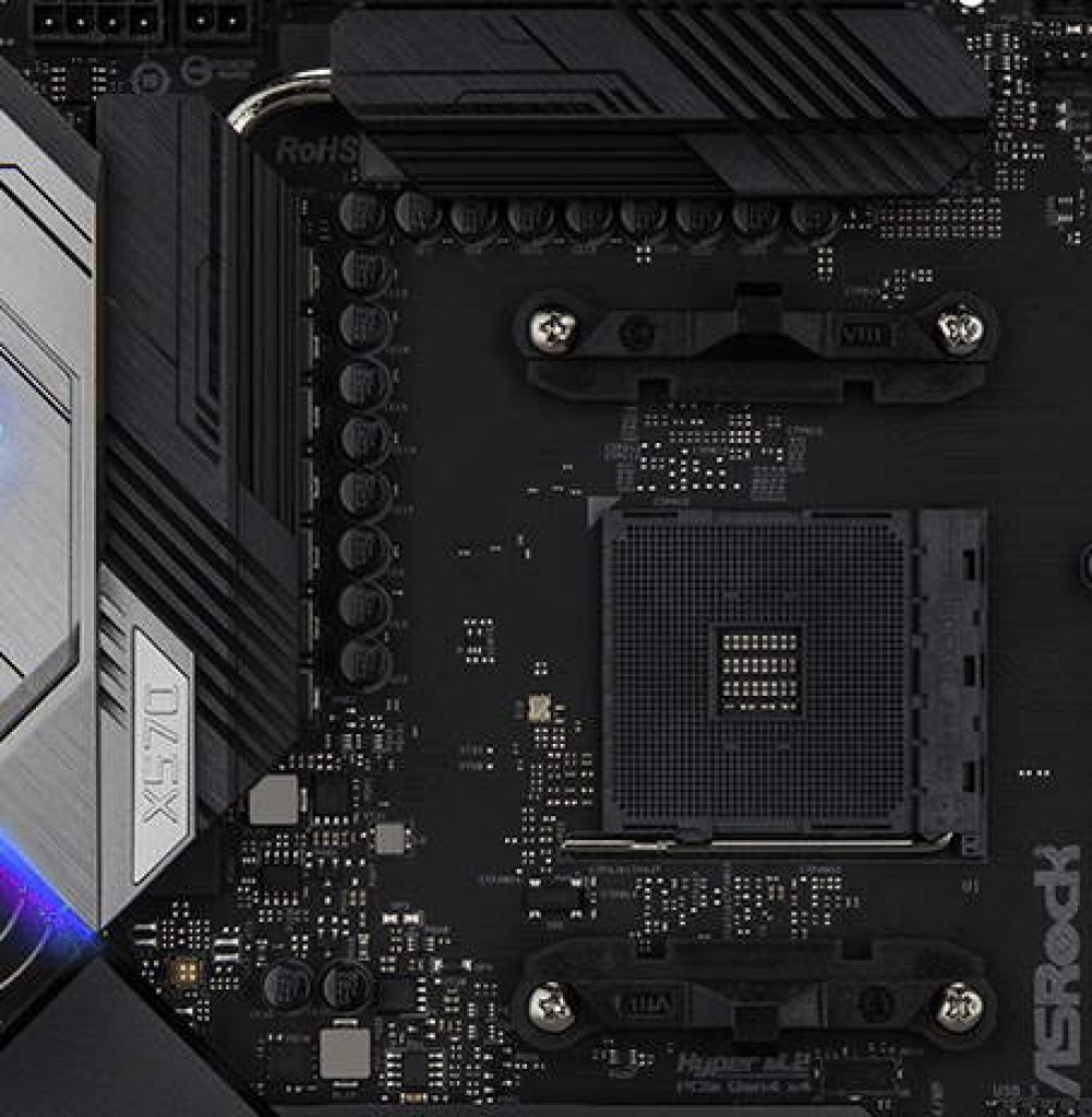 [31/07/2019] Die kleinen Flächen über und unter dem Mittelteil des Sockels sollen einen falschen Einbau verhindern - hier der Sockel eines ASRock X570 Taichi