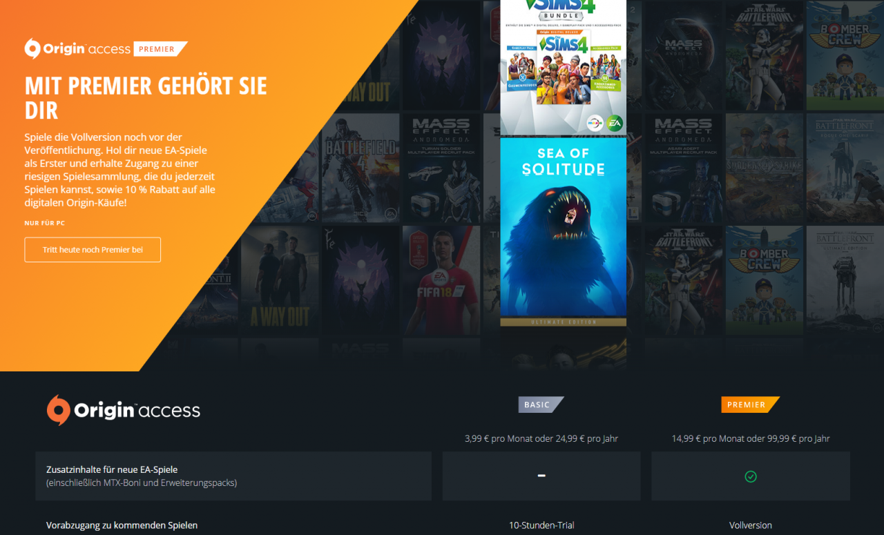 [18/07/2019] Gestatten, der zweite Abo-Dienst von Electronic Arts: Origin Access. Diesmal nur für PC. Wer hier rund 15 Euro in die Premier-Option investiert, erhält vor dem Launch nicht nur Probier-, sondern gleich Vollversionen der Spiele.