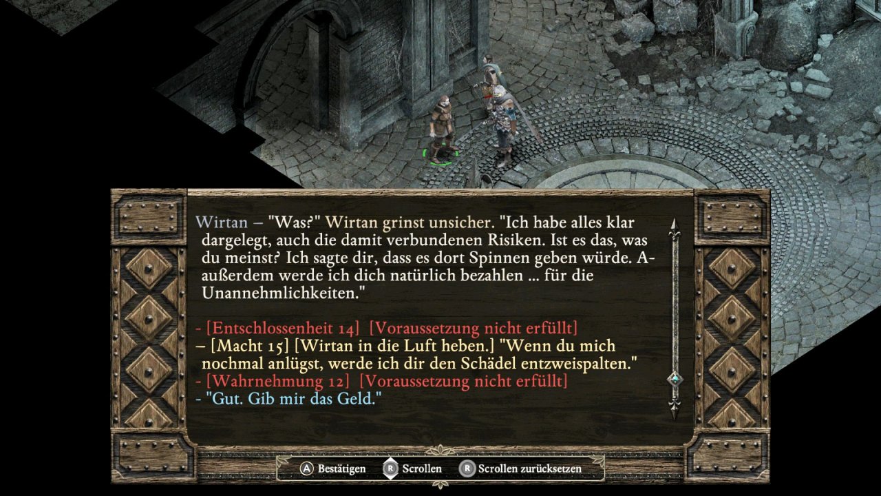 [06/09/2019] Die Dialogfenster fallen auf der Nintendo Switch deutlich größer aus als auf dem PC. Eine gute Wahl, denn so lassen sich die Texte auch am Fernseher gut lesen.