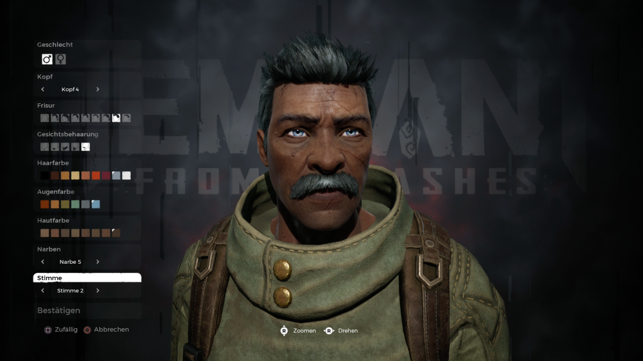 Zu Beginn des Spiel könnt ihr euch aus einer kleinen Auswahl aus Gesichtern, Frisuren und Narben einen eigenen Charakter zusammenbasteln.
