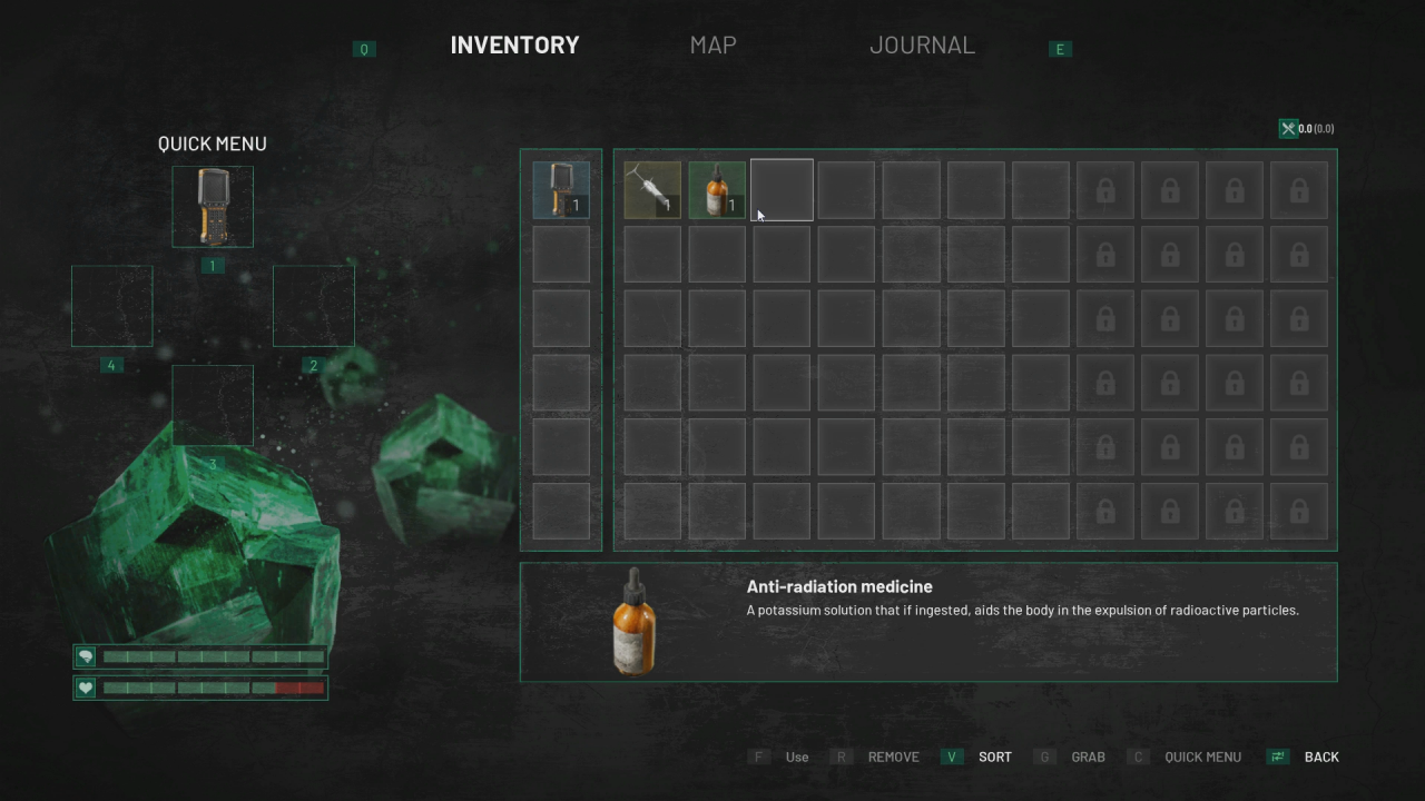 Das Inventar in Chernobylite ist leider ziemlich begrenzt. Außerdem sieht die Benutzeroberfläche recht mies aus und lässt sich recht unhandlich bedienen.
