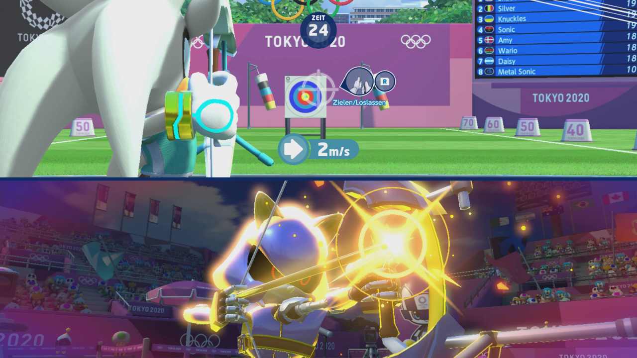 [31/10/2019] Disziplinen wie das Bogenschießen laufen im Zweispielermodus im Splitscreen ab. Unten sieht man, wie sich Metal-Sonic zu einem Superschuss bereitmacht, der doppelte Punkte bringt. &nbsp;