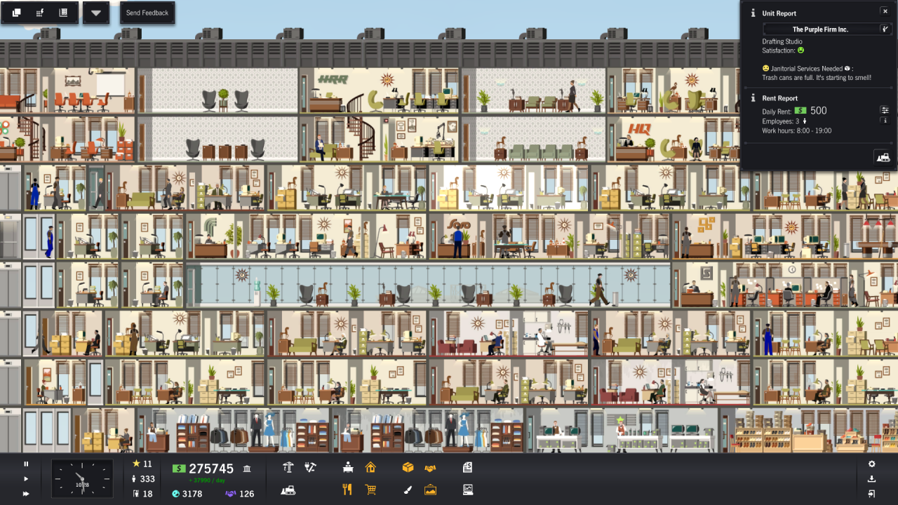 [18/10/2019] Im Hochhaus-Simulator Project Highrise beobachten wir das Geschehen von der Seite – fast wie bei einer Ameisenfarm. Das erzeugt einen guten Eindruck vom Treiben in den Büroräumen und Appartements.