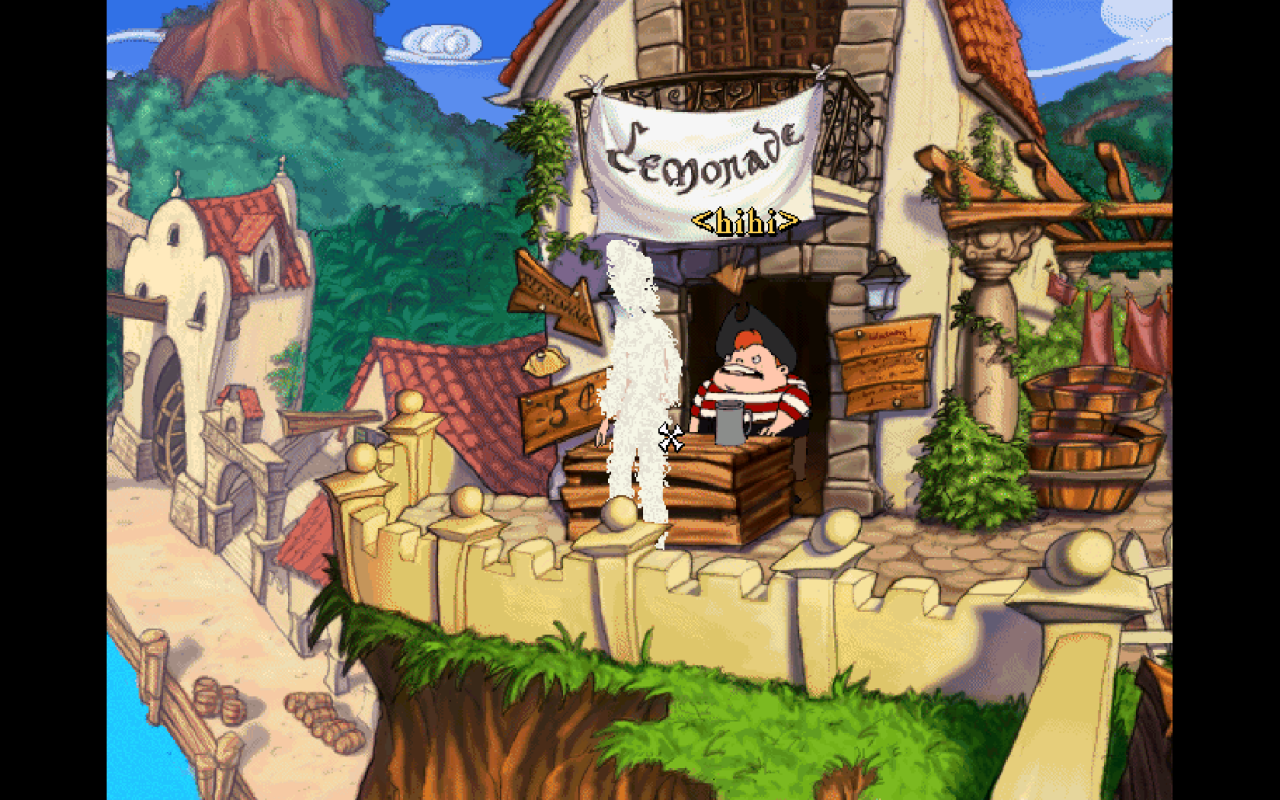 [18/10/2019] Limonadenverkäufer Kenny lacht Guybrush aus, weil der in einem Federkostüm über Plunder Island schlendert. &nbsp;