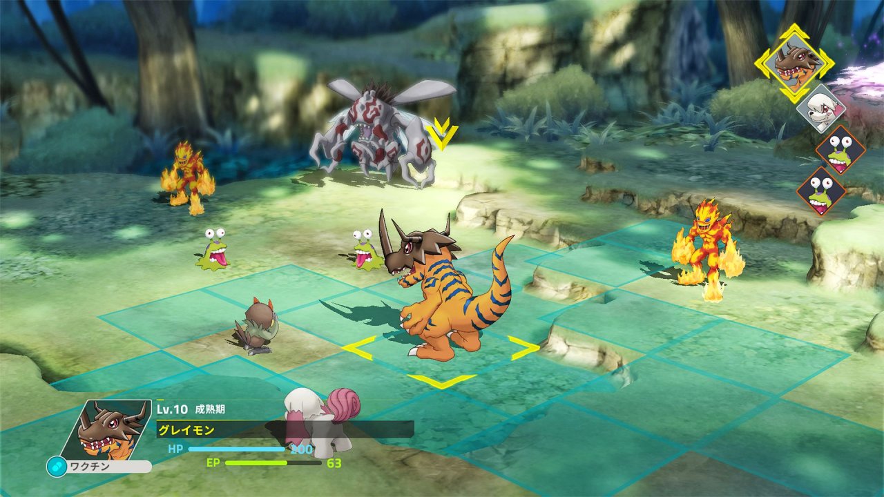 [29/11/2019] Greymon in der Mitte ist ein Digimon des Champion-Levels und eine der möglichen Digitationen von Agumon, dem Begleiter des Helden im Spiel.