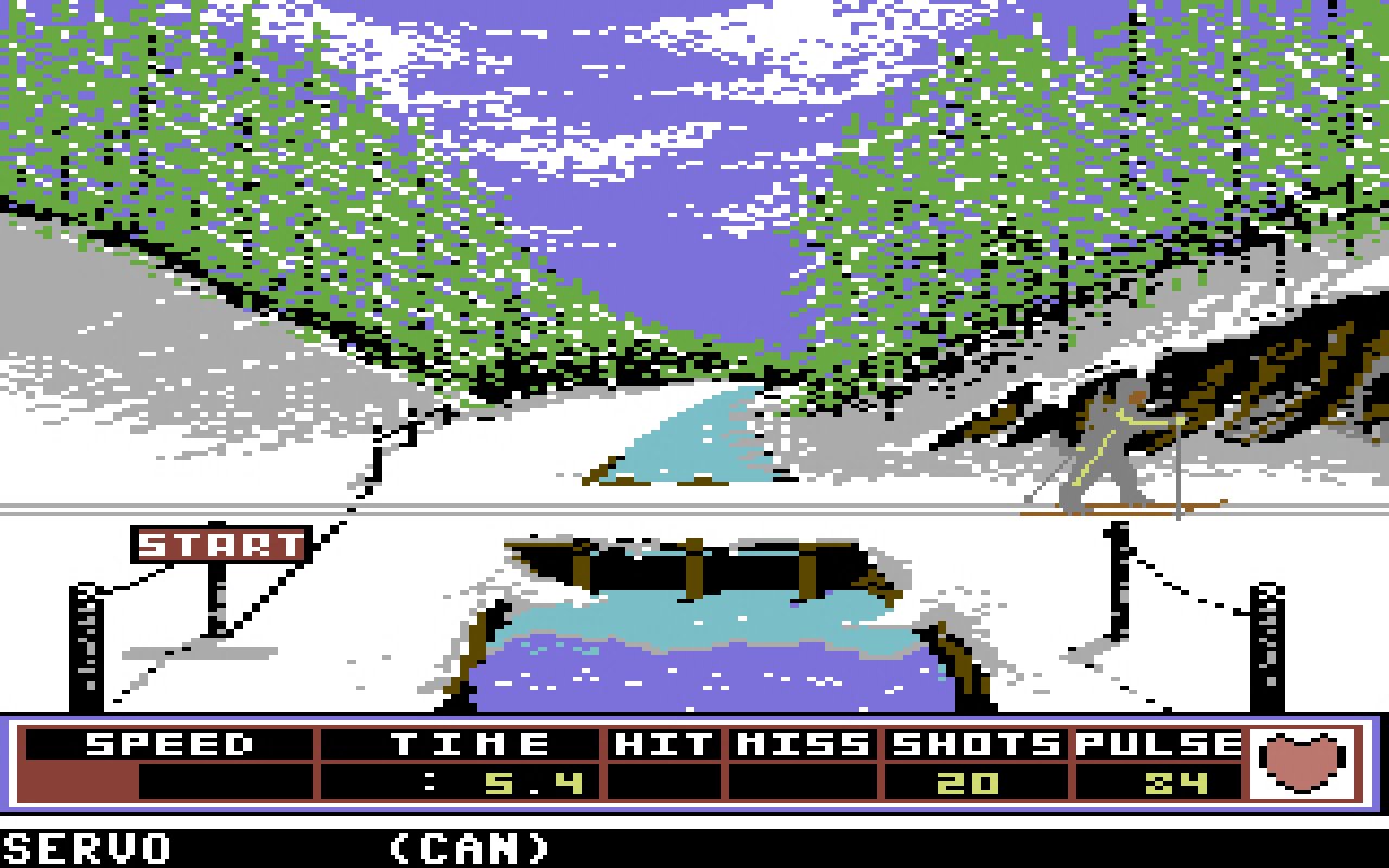 [28/11/2019] Winter Games von 1985 war eines der besten Sportspiele für den C64 und eignete sich ideal für zünftige Multiplayer-Sessions. Sieben Disziplinen standen zur Auswahl, darunter Skispringen, Bobfahren, Eiskunstlauf und Biathlon, das hier auf dem Bild zu sehen ist. &nbsp; (1)