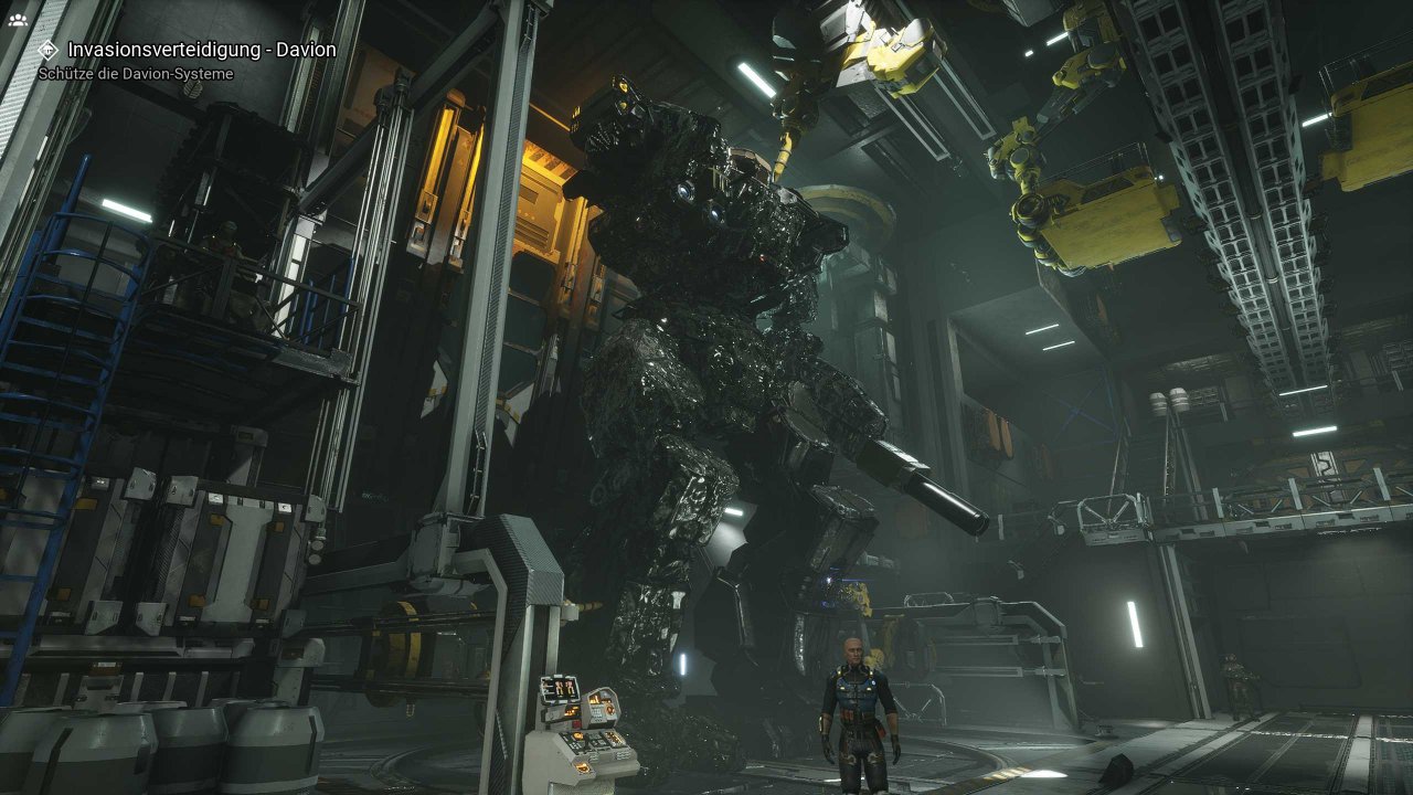 [10/12/2019] Mechwarrior 5: Mercenaries - Dieses Bild aus eurem Mech-Hangar verdeutlicht, wie groß die Kampfmaschinen sind. Zwischen Missionen könnt ihr in Ego-Sicht auf eurem Raumschiff herumlaufen und euch umsehen.