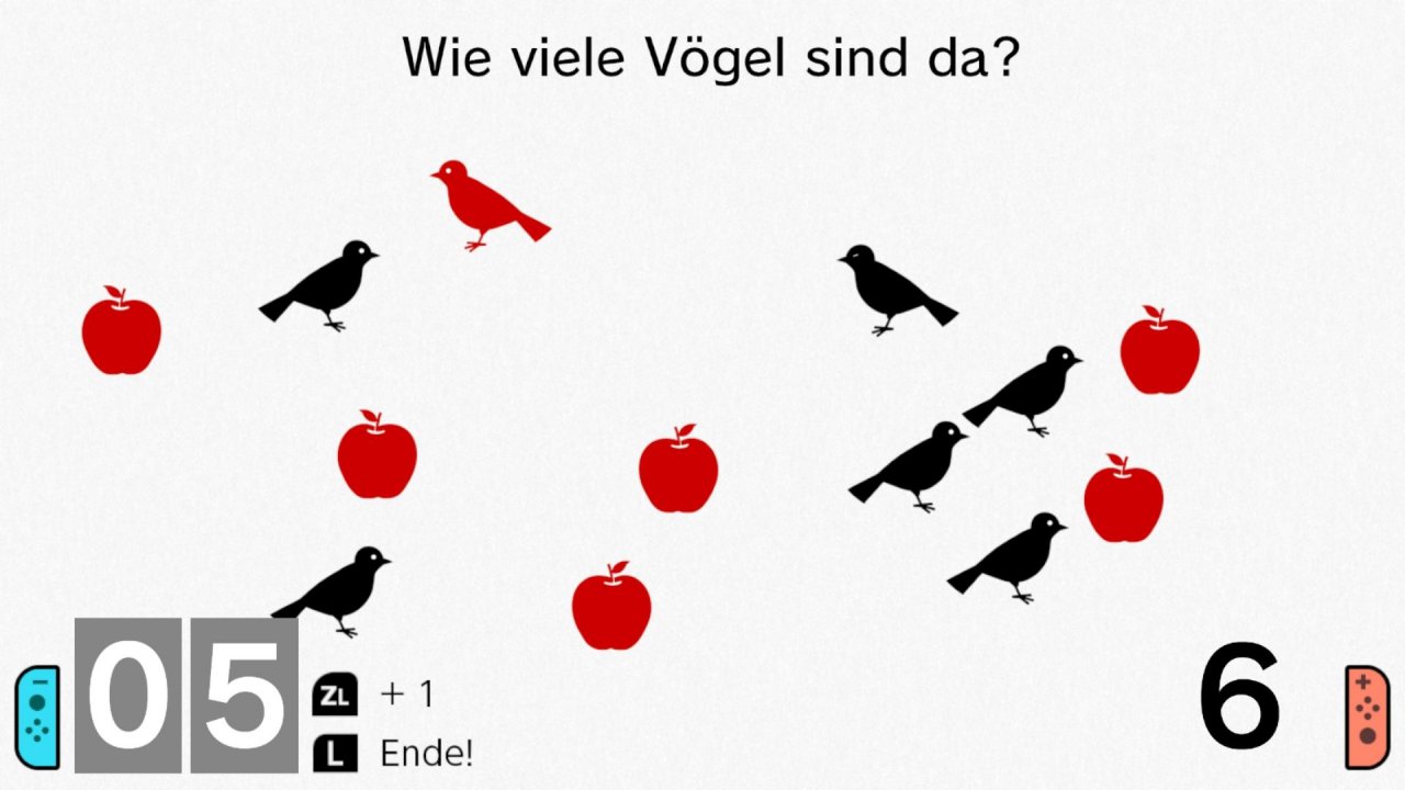 [03/01/2020] Beide Spieler zählen die Vögel im Bild und betätigen für jeden Piepmatz die Schultertaste auf dem Joy-Con. Nicht von den Äpfeln aus dem Konzept bringen lassen!