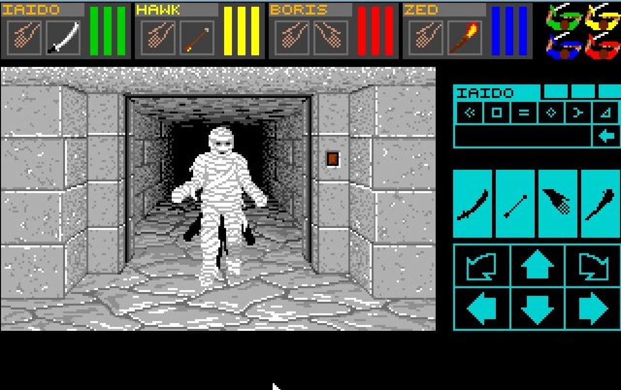 [16/01/2020] Der erste Gegner des Spiels: diese nette Mumie. Typisch Dungeon Master: Drückt ihr den Schalter rechts neben der Tür, fährt ein Gitter herunter, das sie zerquetscht. &nbsp;