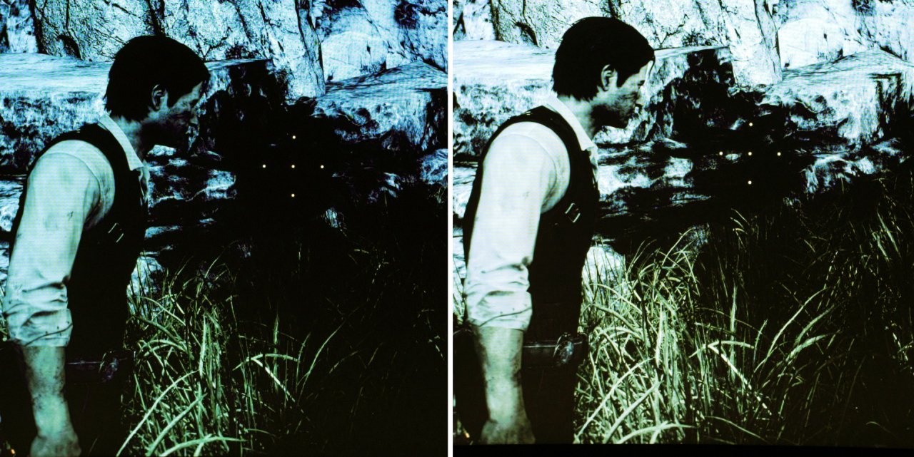 [07/02/2020] Night-Vision-Funktion bei The Evil Within: Beim Gras, dem Felsen im Hintergrund und dem Gesicht des Protagonisten sieht man eine Aufhellung. Die Vergleichsbilder wurden direkt vom Monitor abfotografiert.