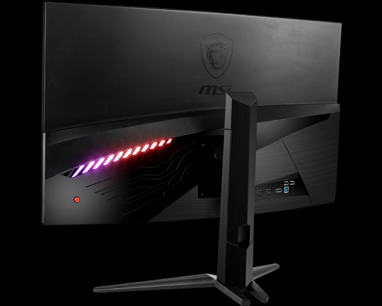 [07/02/2020] MSI Optix MAG322CQRV: Rückseite mit konfigurierbarer LED-Beleuchtung und dem OSD-Joystick (links unten am Gehäuse in Rot)