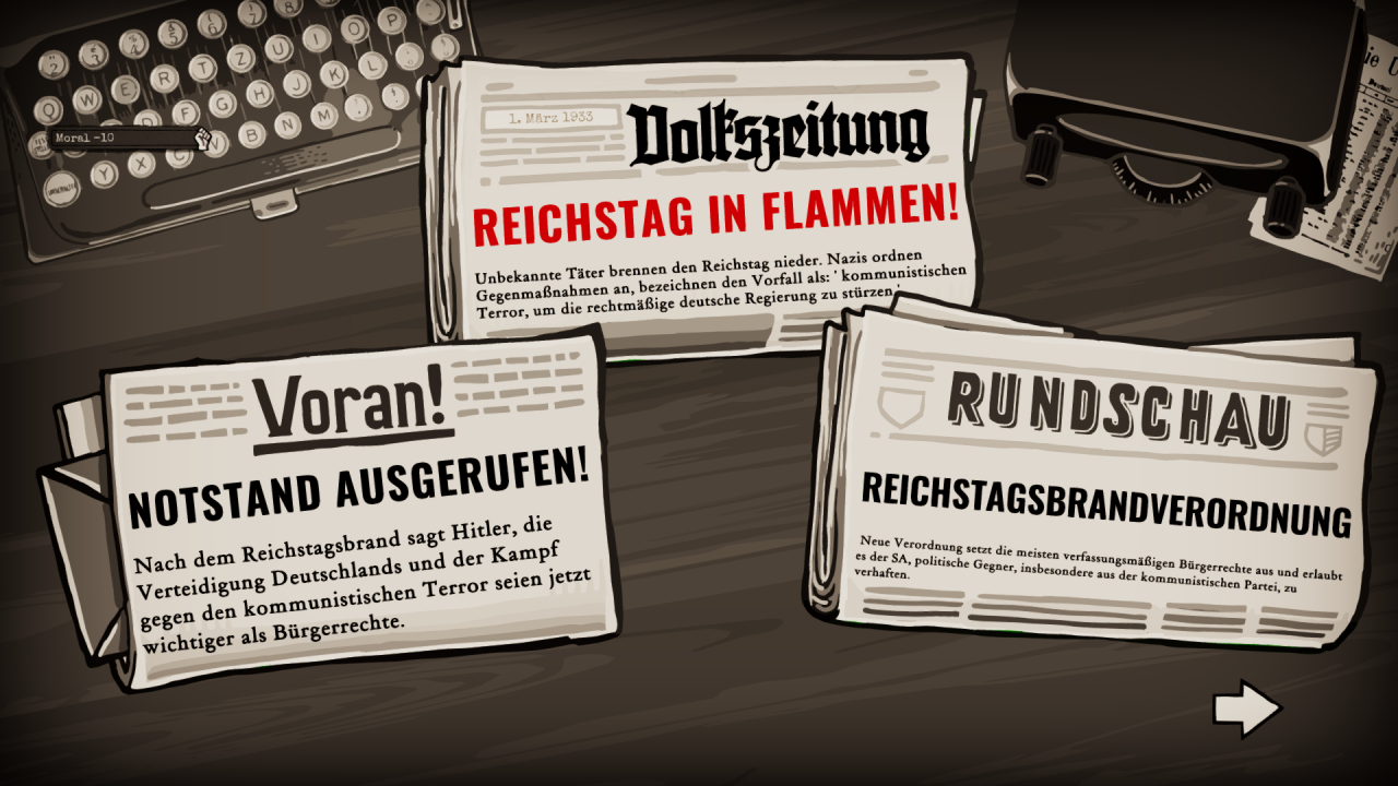 [06/02/2020] Zwischen den Spielrunden werden uns Zeitungsartikel präsentiert, die die aktuelle Situation geschichtlich einordnen und uns informieren.