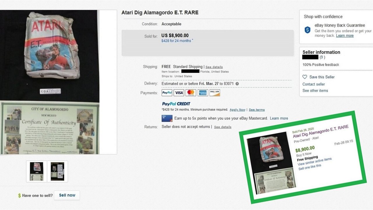 [26/03/2020] Ein Kanadier gab 2014 für ein ausgegrabenes E.T. umgerechnet 1.425 Euro aus. Die irre Auktion auf dem Bild lief erst kürzlich, im Februar 2020.