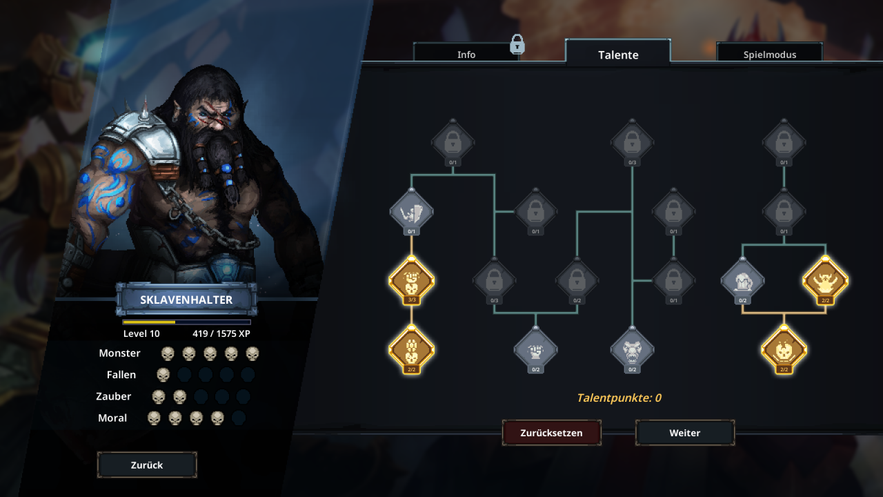 [09/04/2020] Mit den gesammelten Erfahrungspunkten levelt ihr eure Dungeon-Master auf, damit sie gegen die anstürmenden Horden von Helden bestehen können.